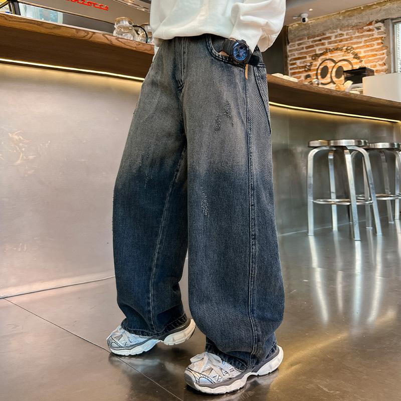 Mysterious Gift Tienerjongens Jeans Kinderen Wijde Pijpen Denim Broeken voor Kinderen Losse Zakken Broeken Lente Herfst 180 blauw