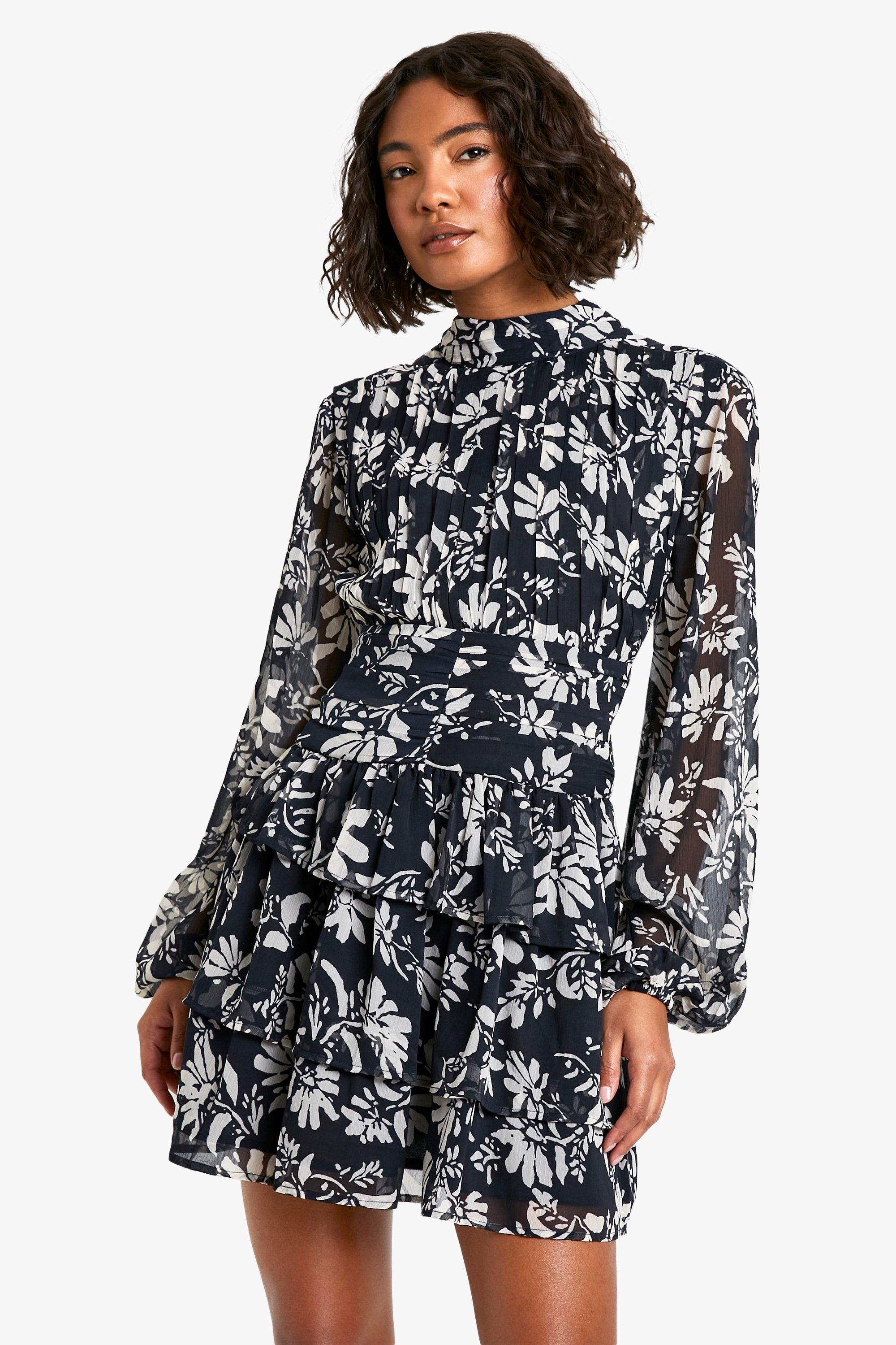 Boohoo Tall Monochrome Bloemen Skater Jurk Met Hoge Hals, Blackwhite