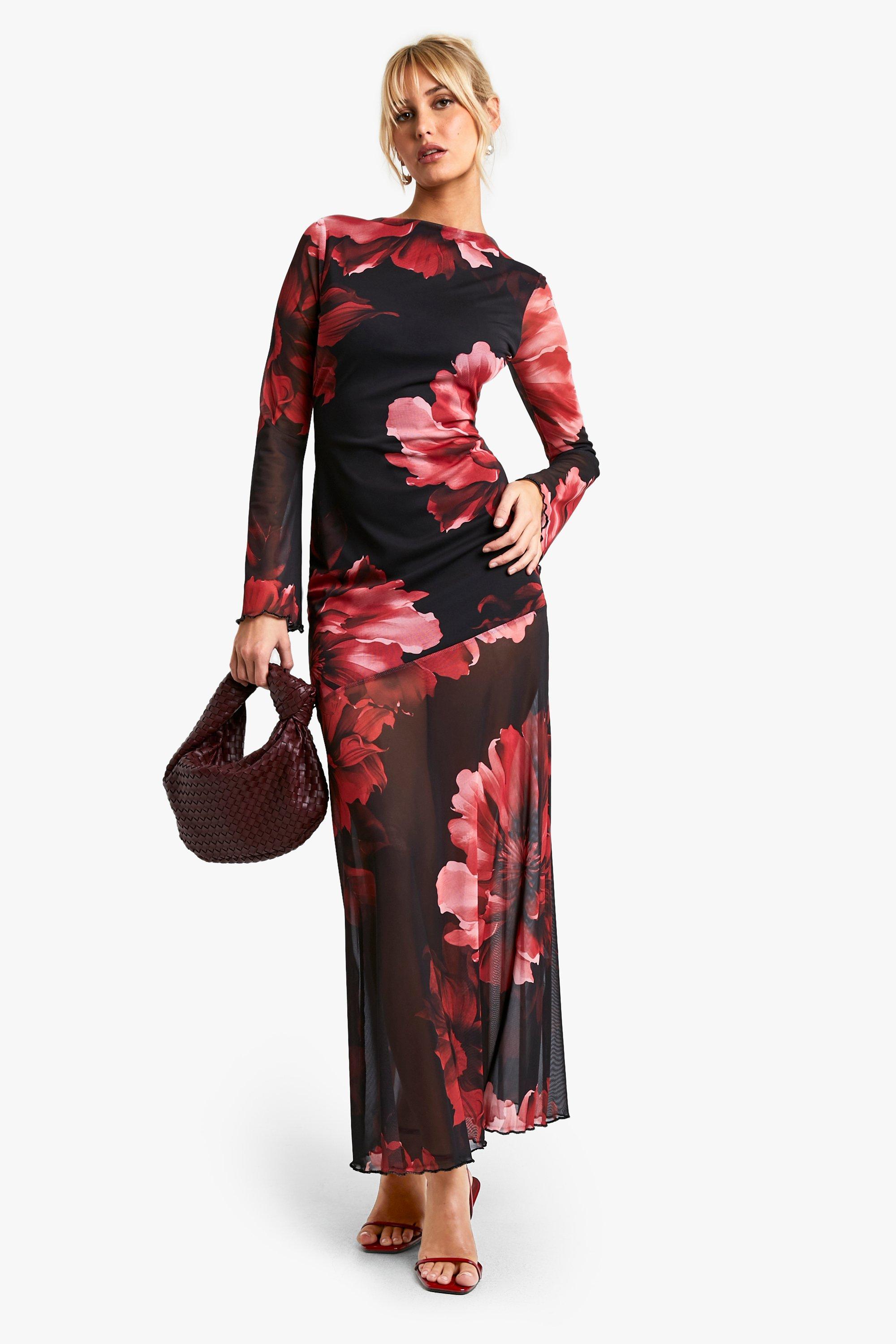 Boohoo Bloemenprint Maxi Jurk Met Naaddetail, Wine