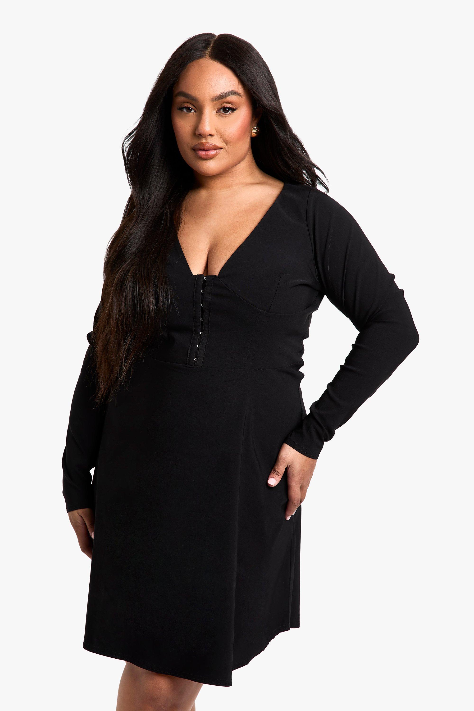 Boohoo Plus Bengaline Skater Jurk Met Haakjes, Black