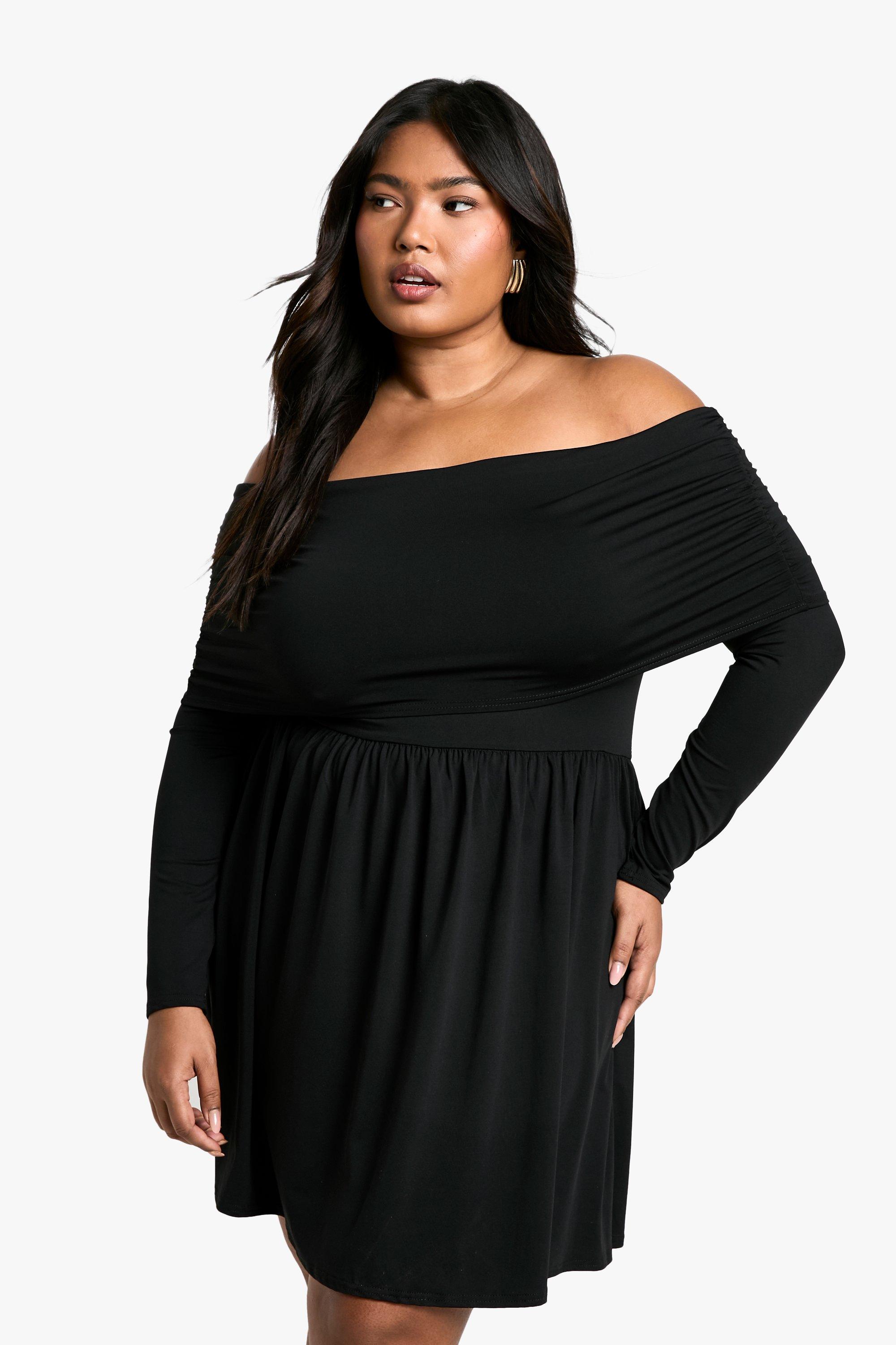 Boohoo Plus Jersey Off Shoulder Skater Jurk, Black