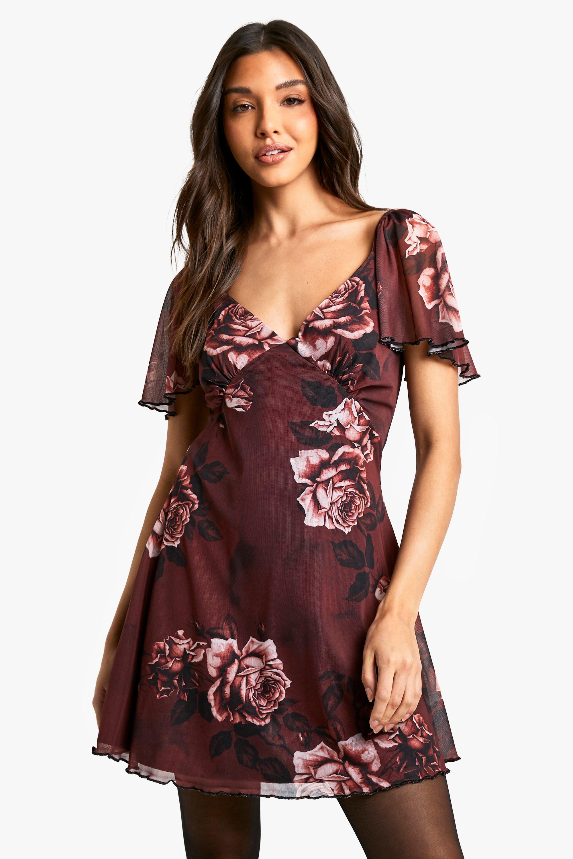Boohoo Wazige Bloemenprint Mini Jurk Met Godet Detail, Rust