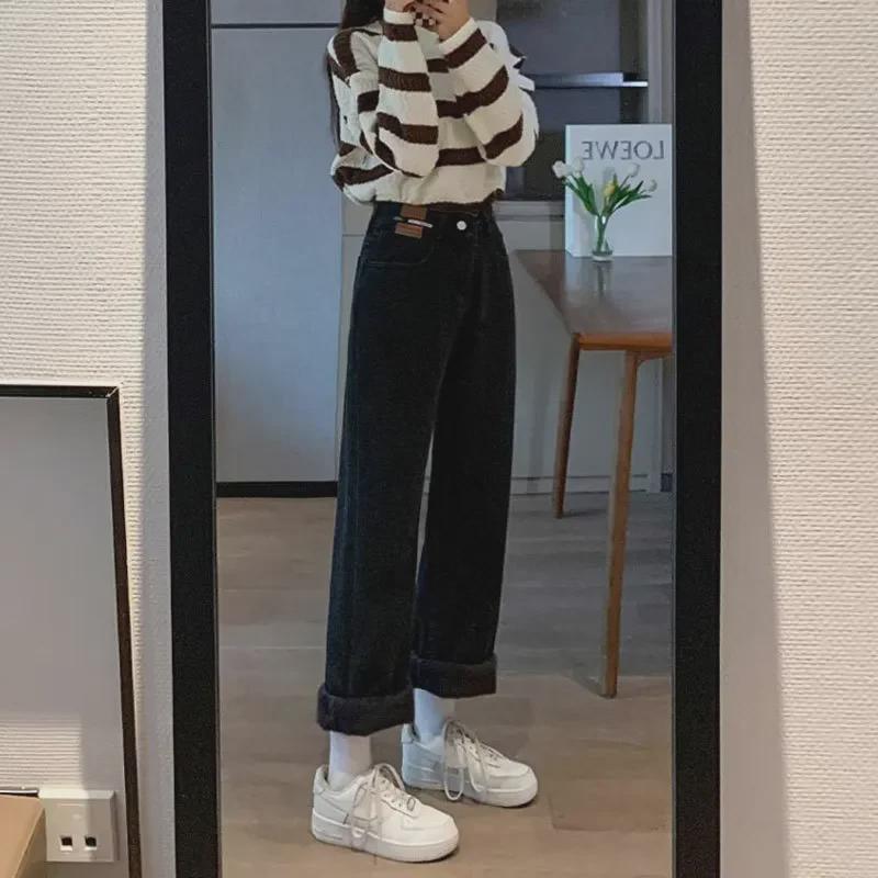 VantaGoods Dames High-Waist Plush Jeans: Warme, losse, wijde broek in leren stijl voor de herfst/winter. 2XL
