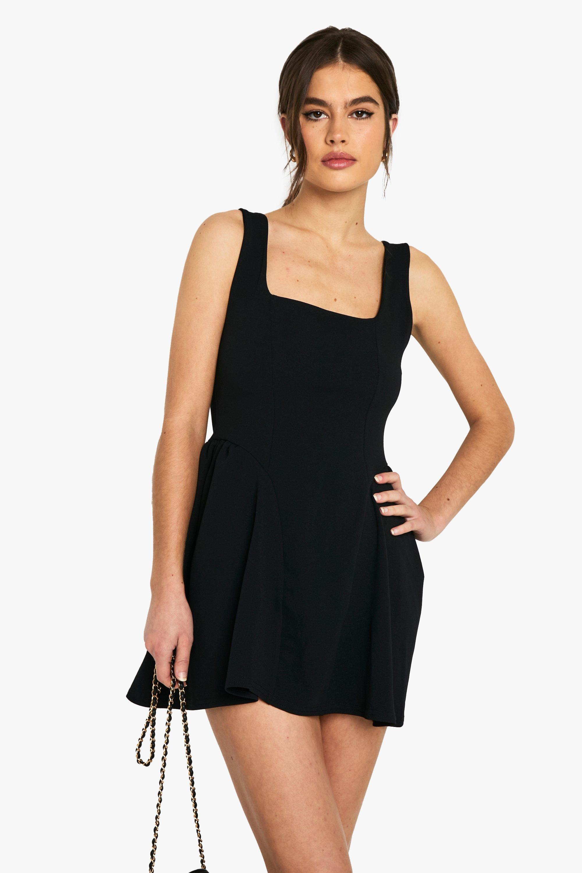 Boohoo Mini Jurk Met Vierkante Hals En Volle Rok, Black