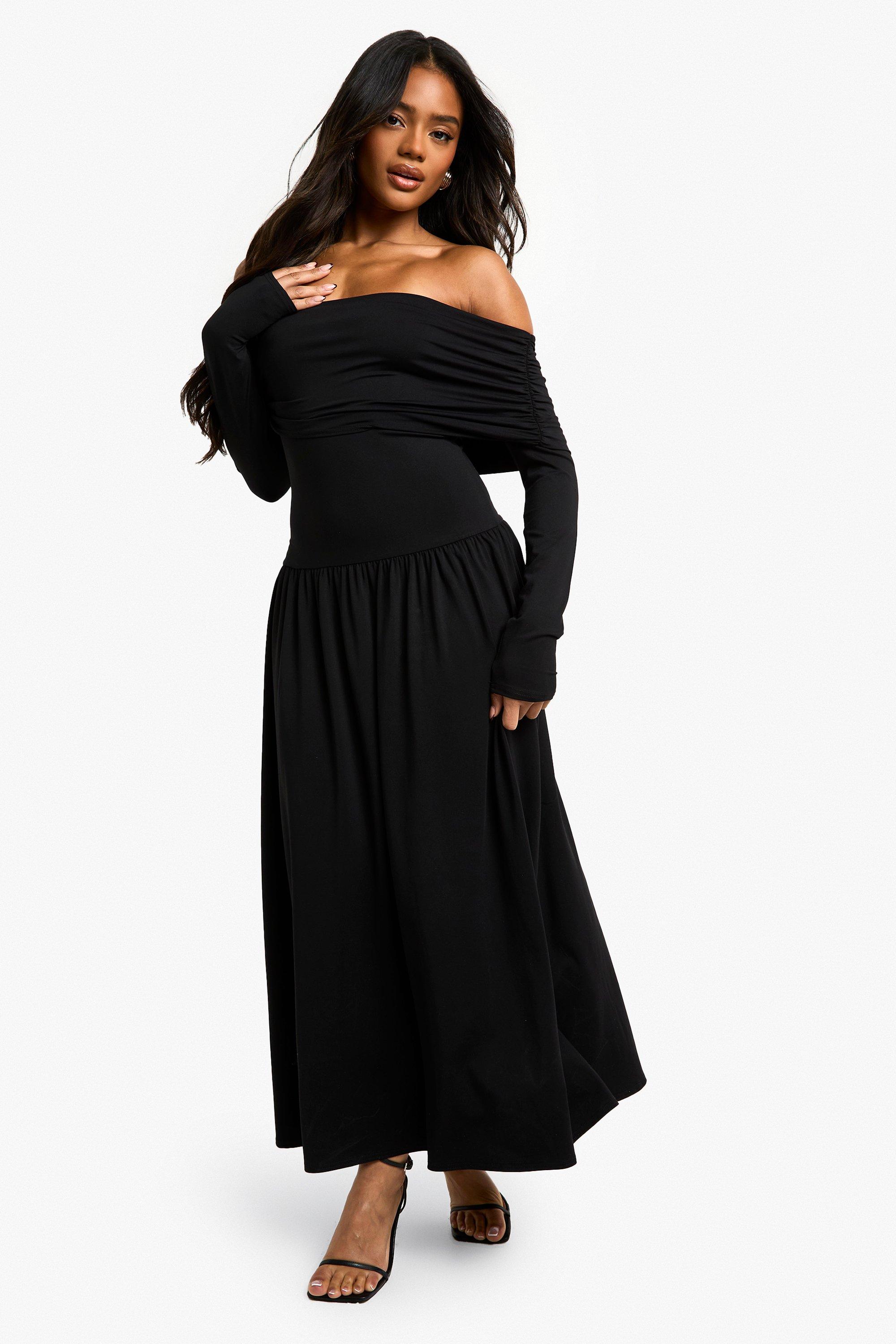 Boohoo Strapless Skater Jurk Met Lange Mouwen En Lage Taille, Black