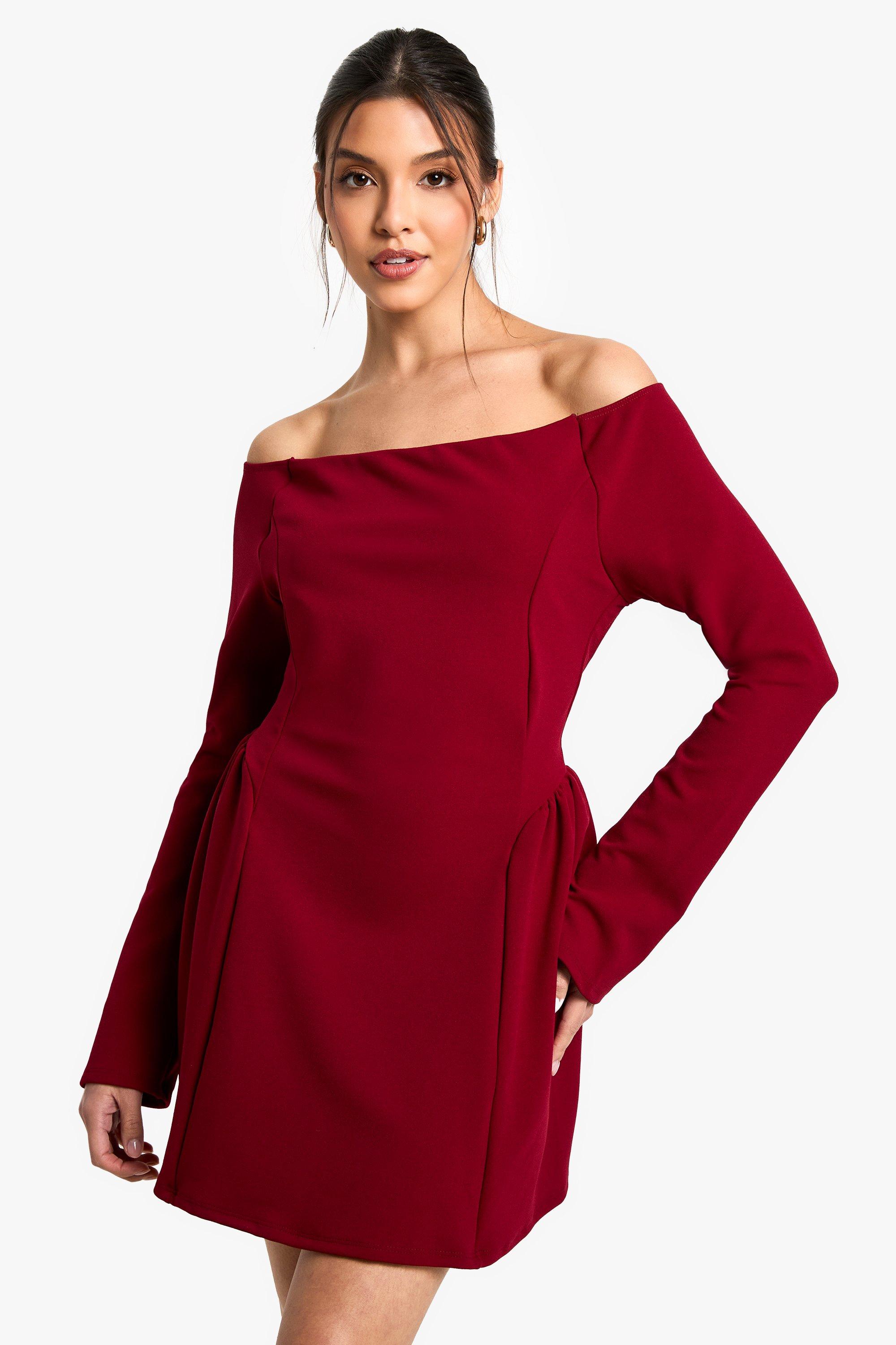 Boohoo Skater Jurk Met Uitgesneden Hals En Rug Strik, Burgundy