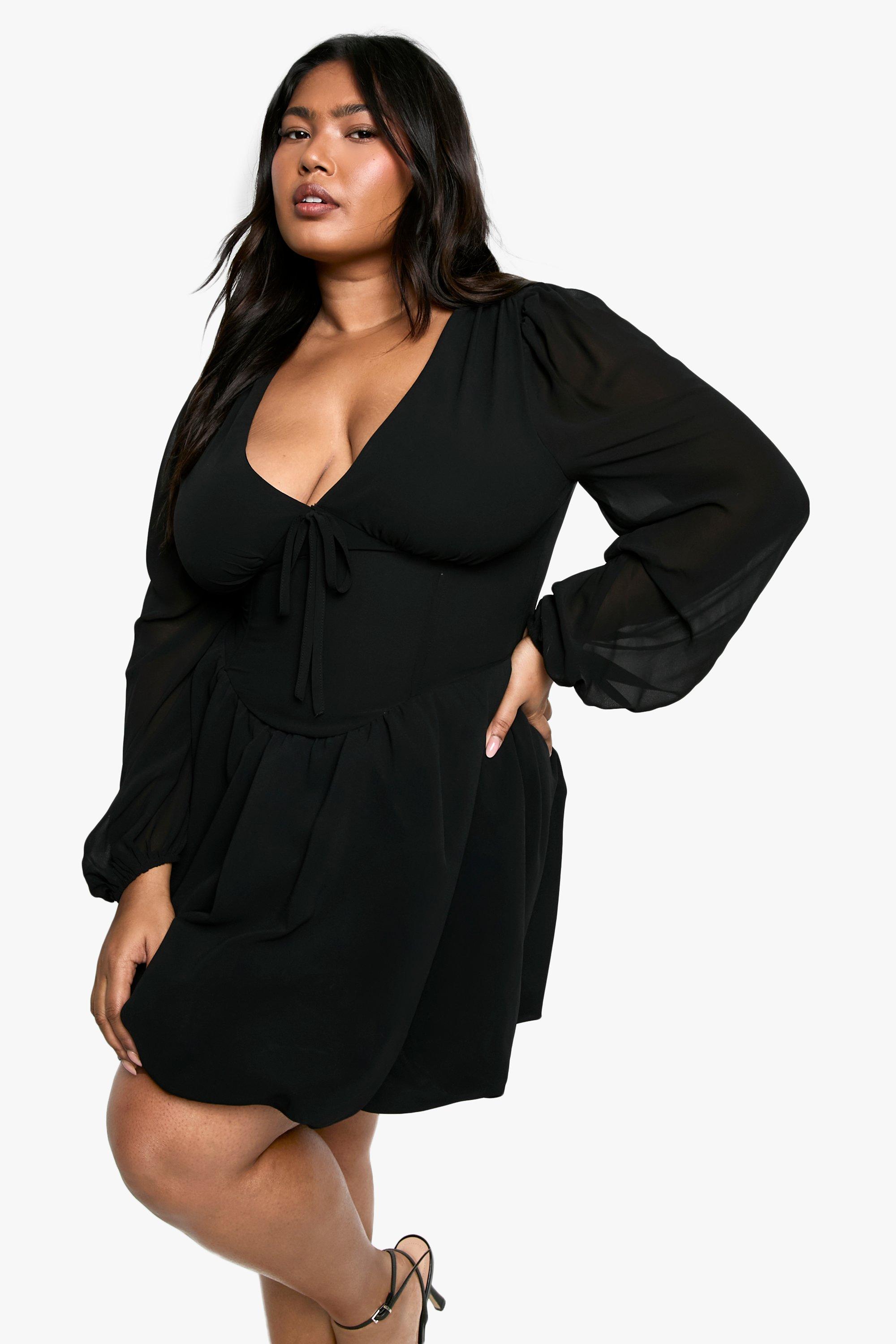 Boohoo Plus Geweven Melkmeisjes Skater Jurk Met Bolletjes Zoom, Black
