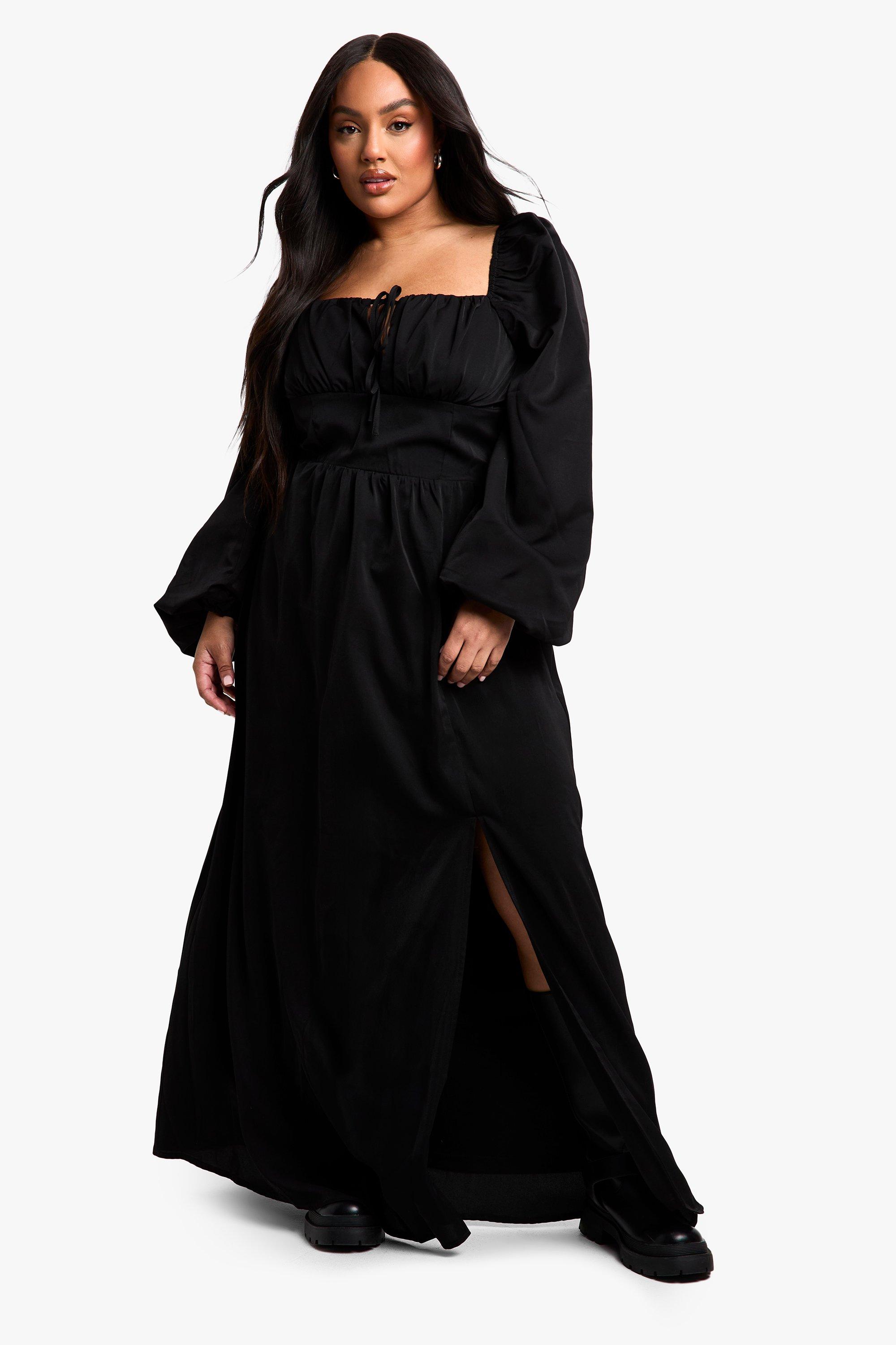 Boohoo Plus Melkmeisjes Maxi Jurk Met Ballonmouwen, Black
