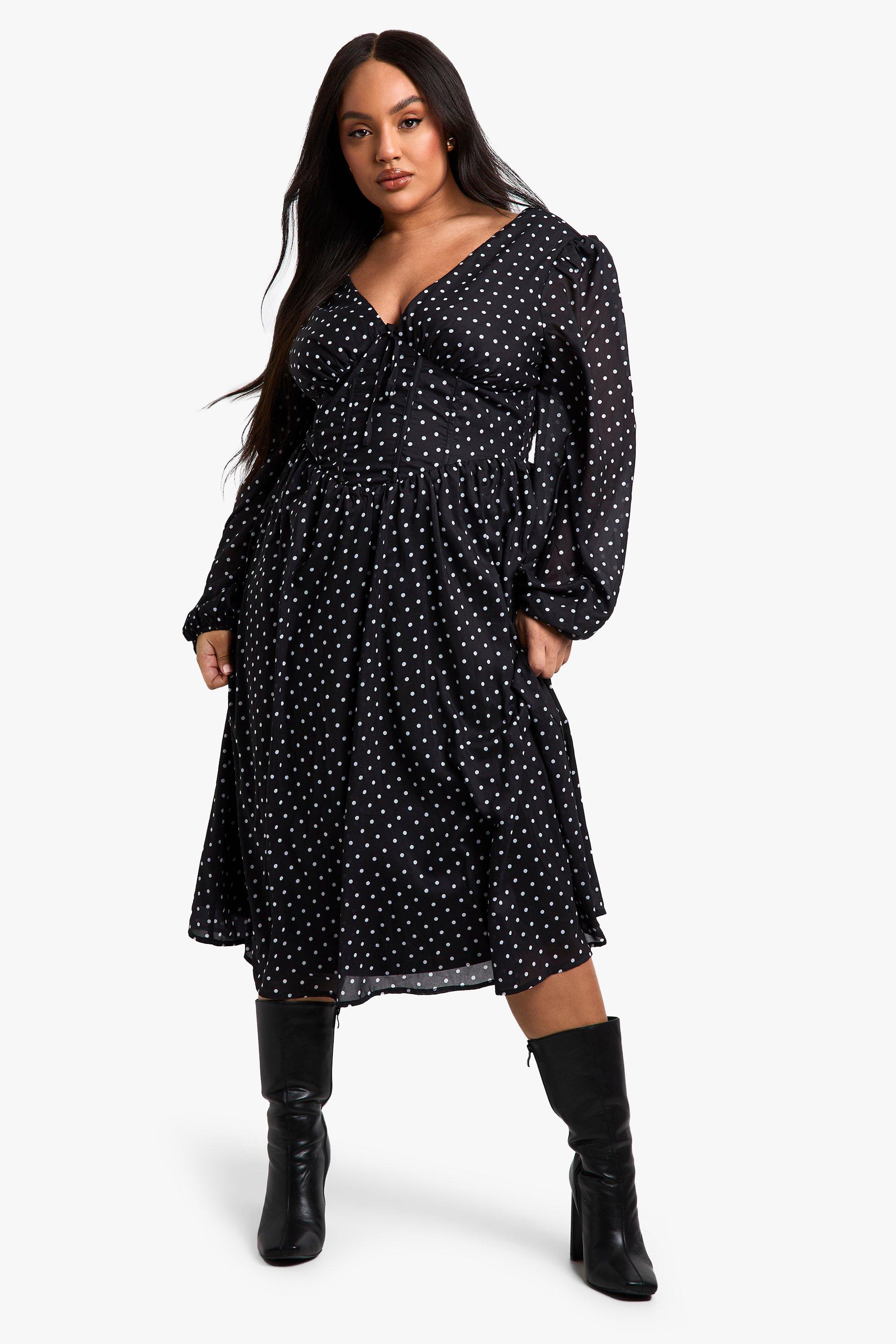 Boohoo Plus Geweven Melkmeisjes Midi Skater Jurk Met Stippen, Black