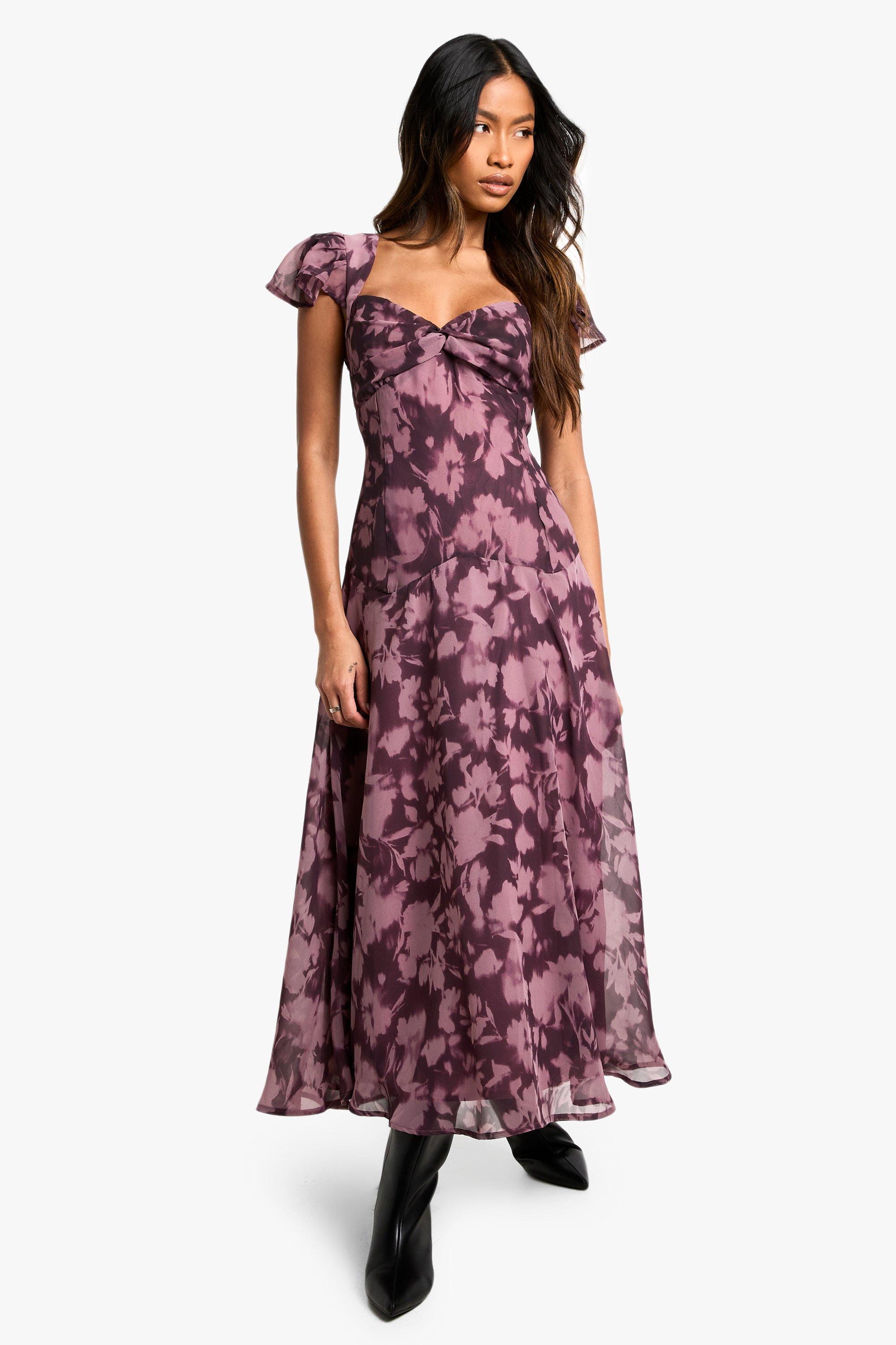 Boohoo Gedraaide Bloemen Mdaxi Jurk Met Lange Mouwen, Plum
