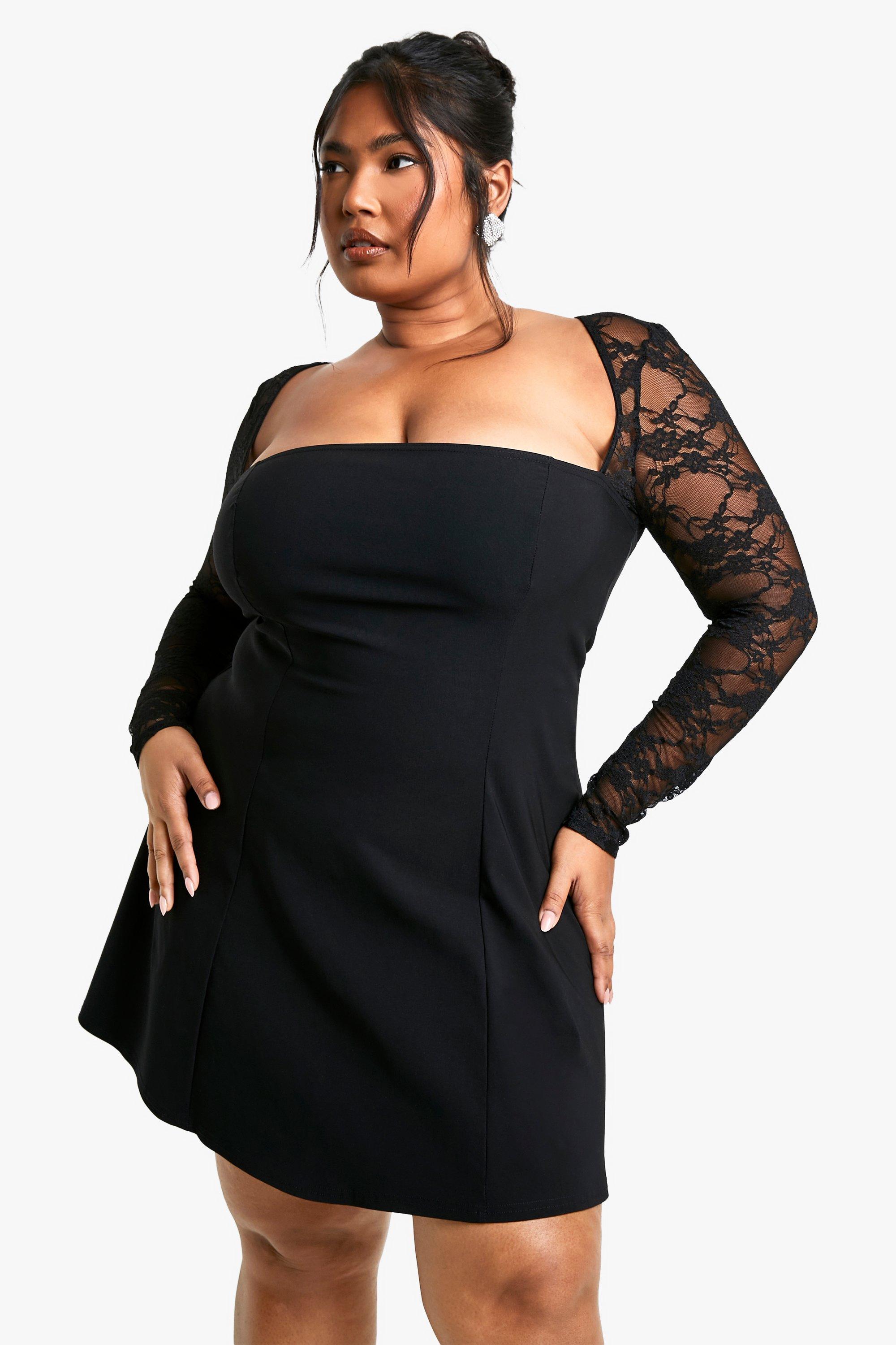 Boohoo Plus Kanten Bengaline Skater Jurk, Black