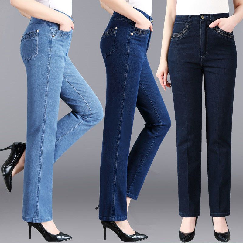 Hawayi Oversized 38 Mother Jeans met lenteborduursels, zakken, hoge taille, losse rechte pijpen, casual denim broek voor dames 38 blauw