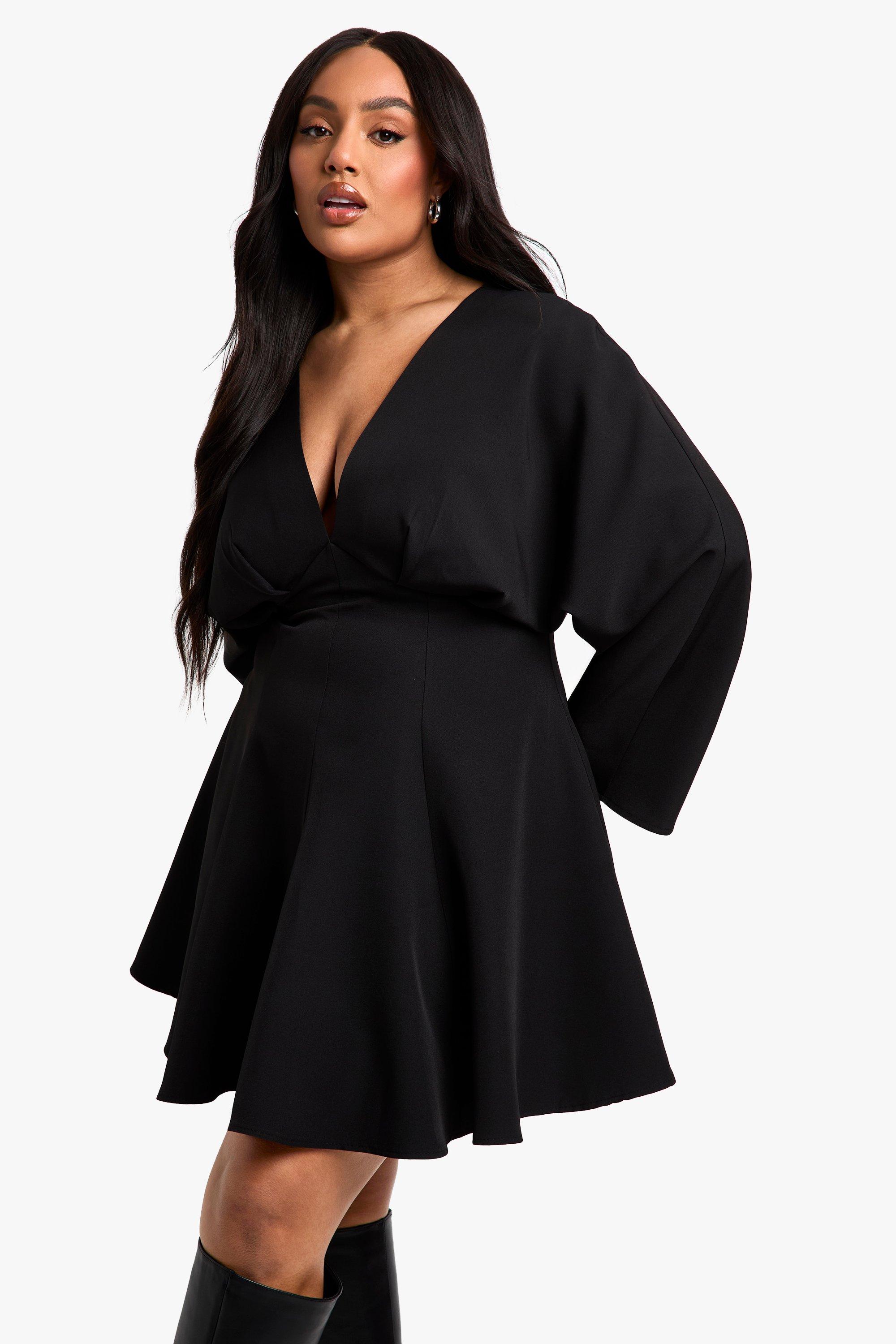 Boohoo Plus Skater Jurk Met Geplooide Rok En Lange Mouwen, Black