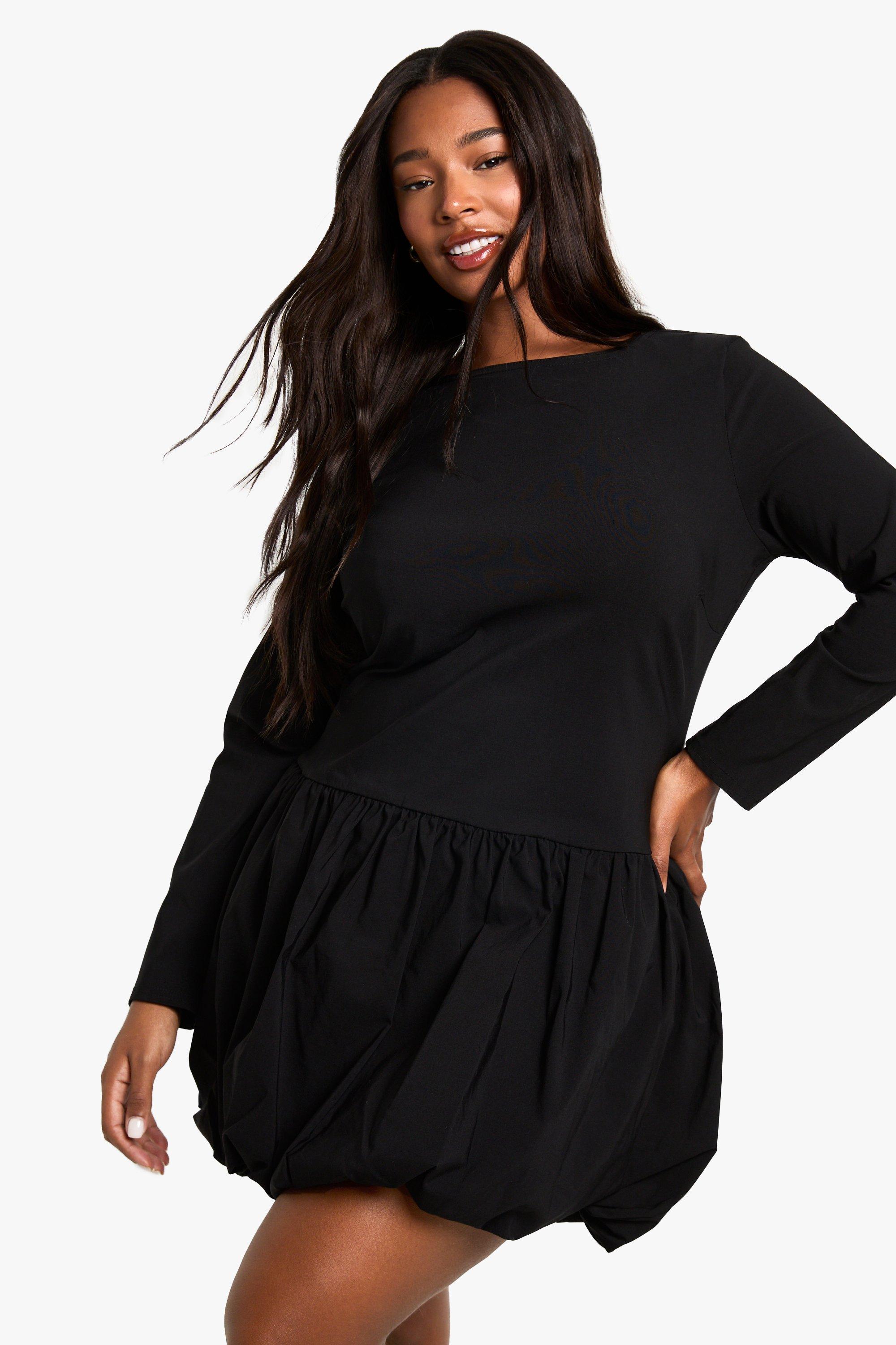 Boohoo Plus Bengaline Pofmouwen Mini Jurk, Black