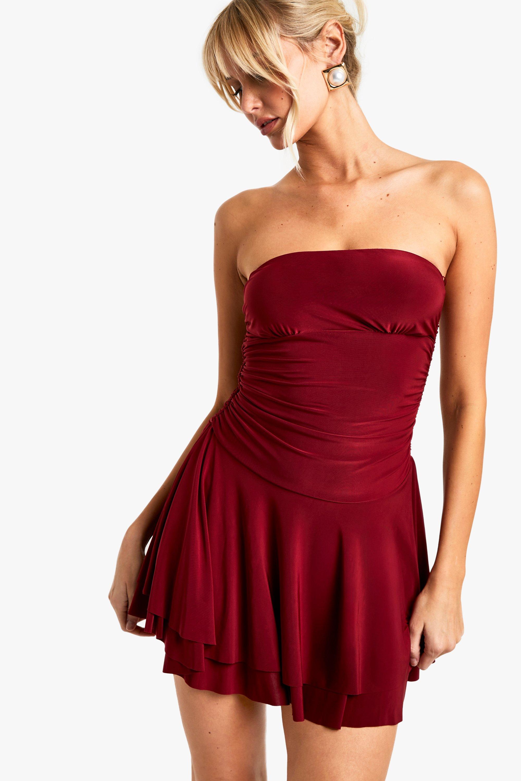 Boohoo Strapless Skater Mini Jurk, Wine