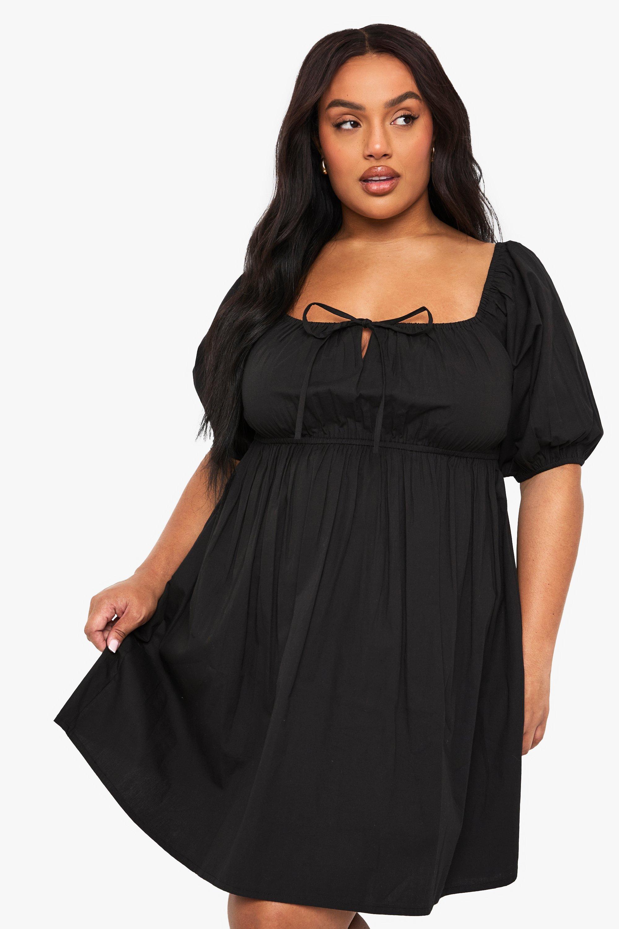 Boohoo Plus Tie Front Pleated Cotton Skater Dress, Black
