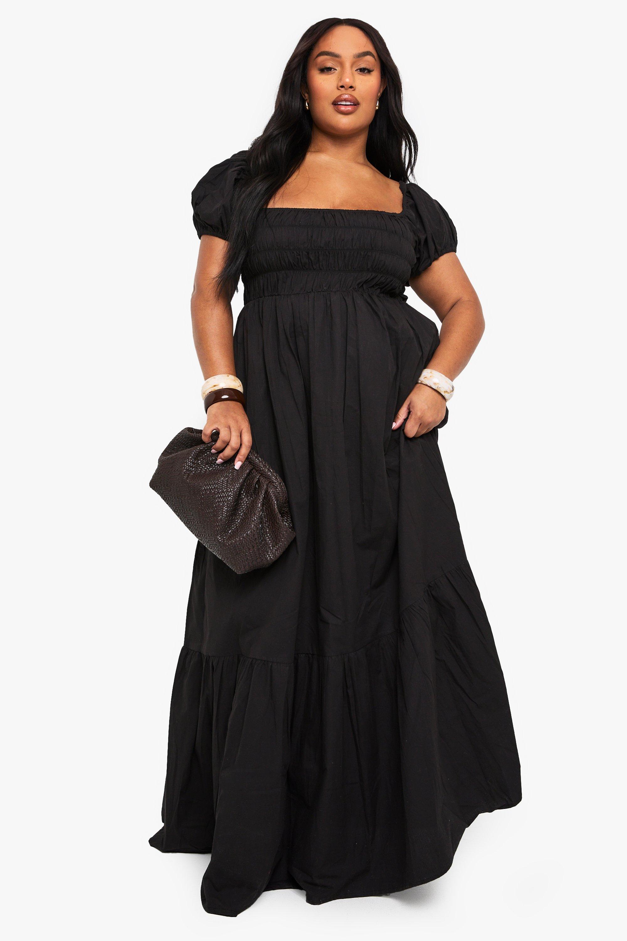 Boohoo Plus Katoenen Poplin Maxi Jurk Met Pofmouwen, Black