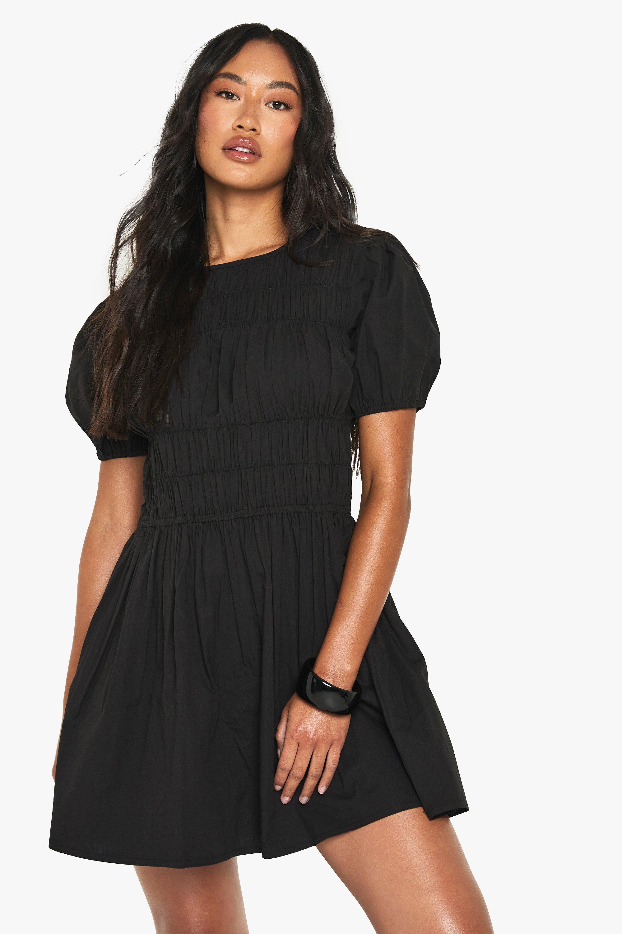 Boohoo Katoenen Geplooide Poplin Mini Jurk, Black