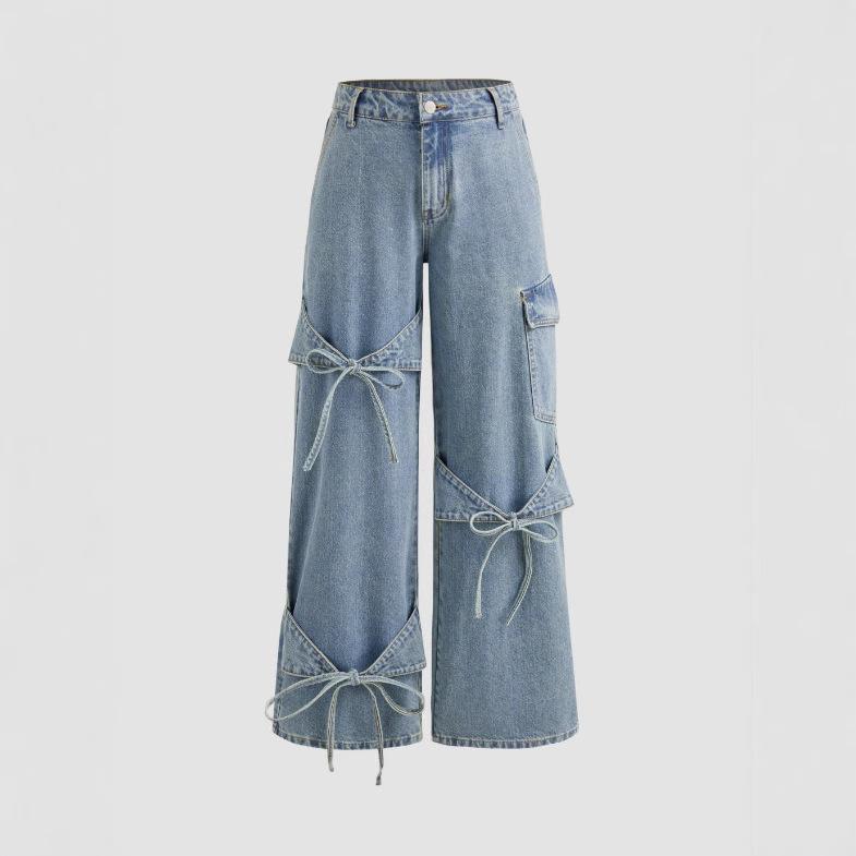 Fantastic wardrobe Y2k Sweet Bow Lace Up Vintage Dames Jeans Harajuku Wijde Pijpen Koreaanse Mode Denim Broek Baggy Zakken Chic Casual Lente S blauw