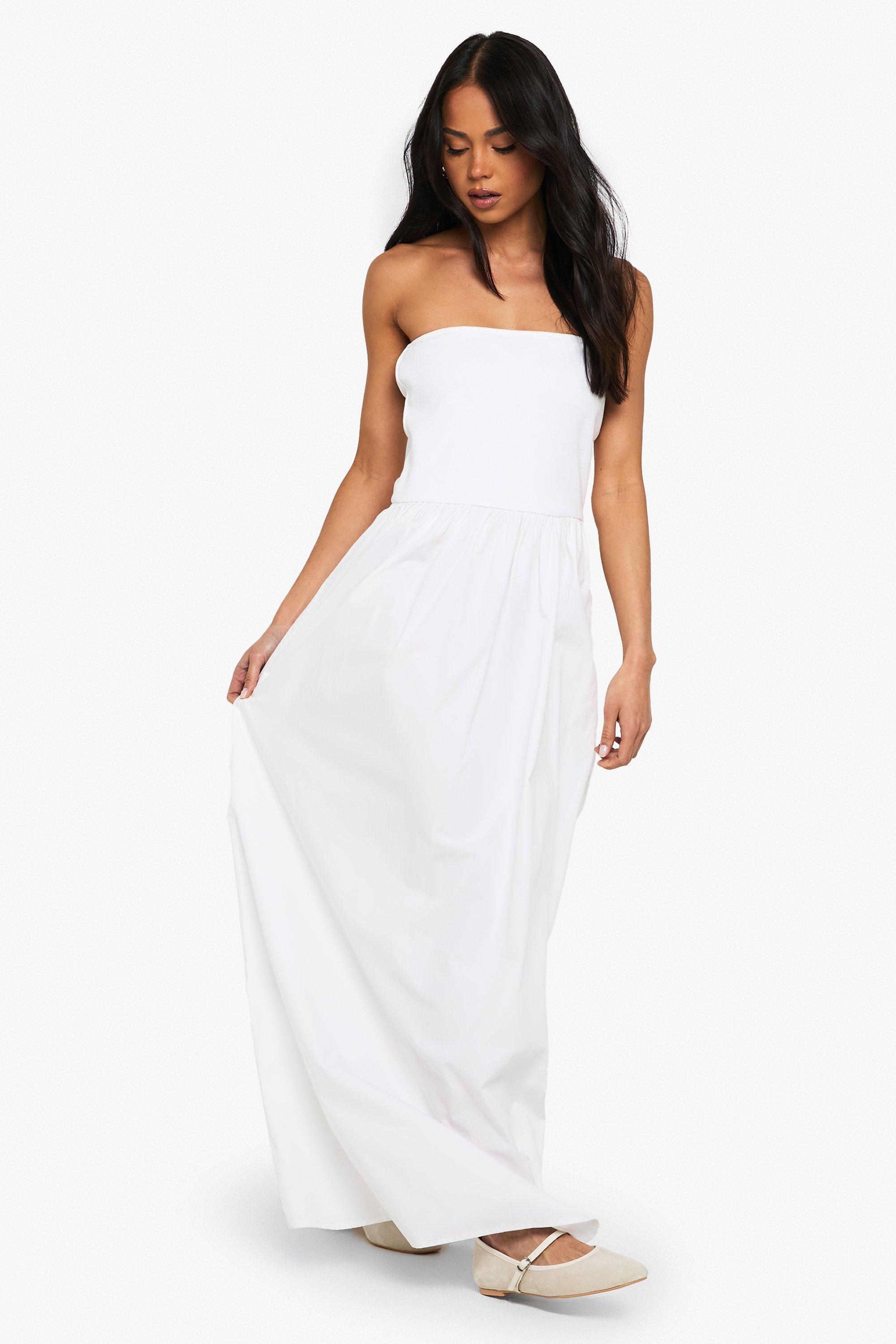 Boohoo Strapless Jersey Katoenen Midaxi Jurk, White