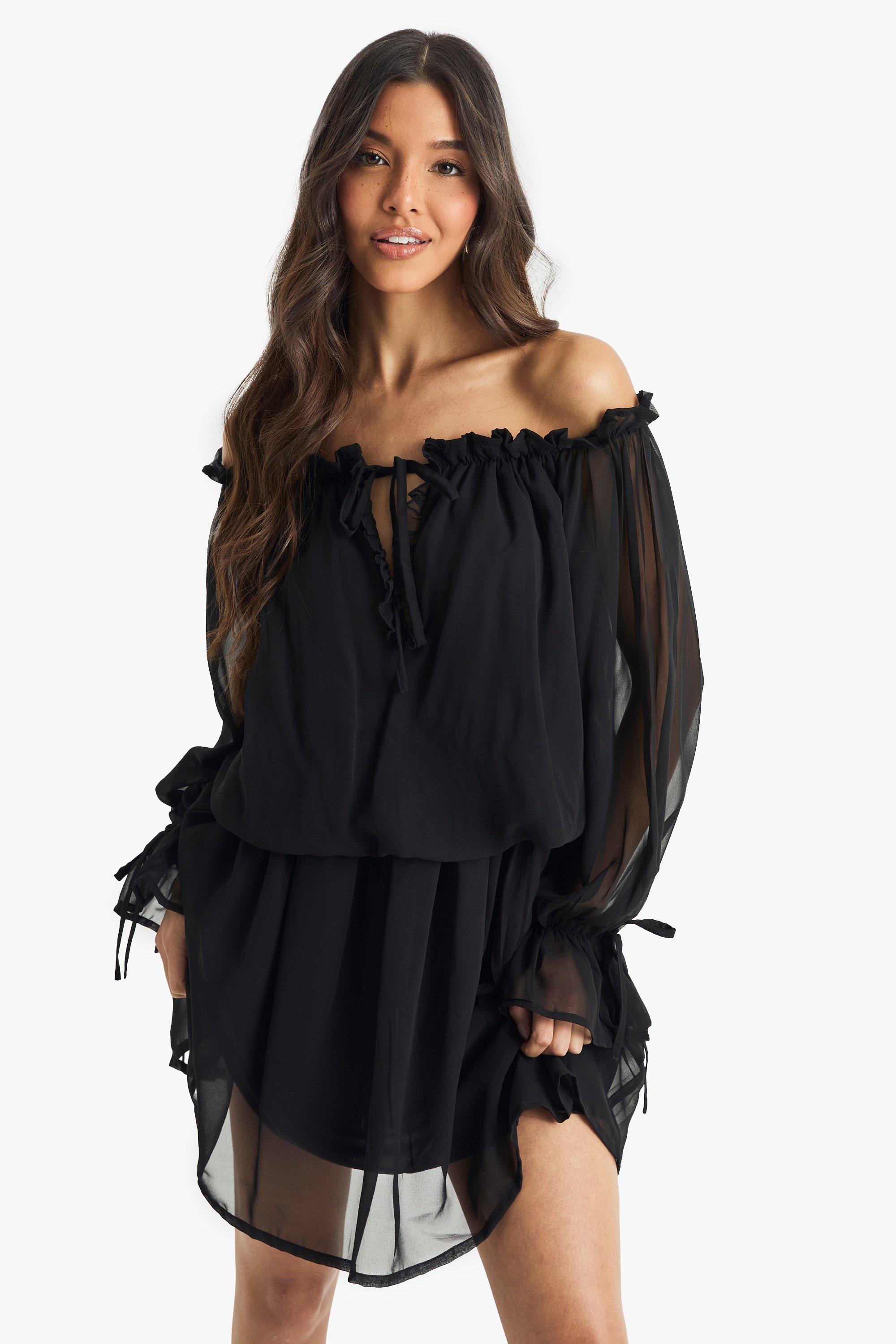 Boohoo Chiffon Off Shoulder Mini Jurk Met Lage Taille, Black