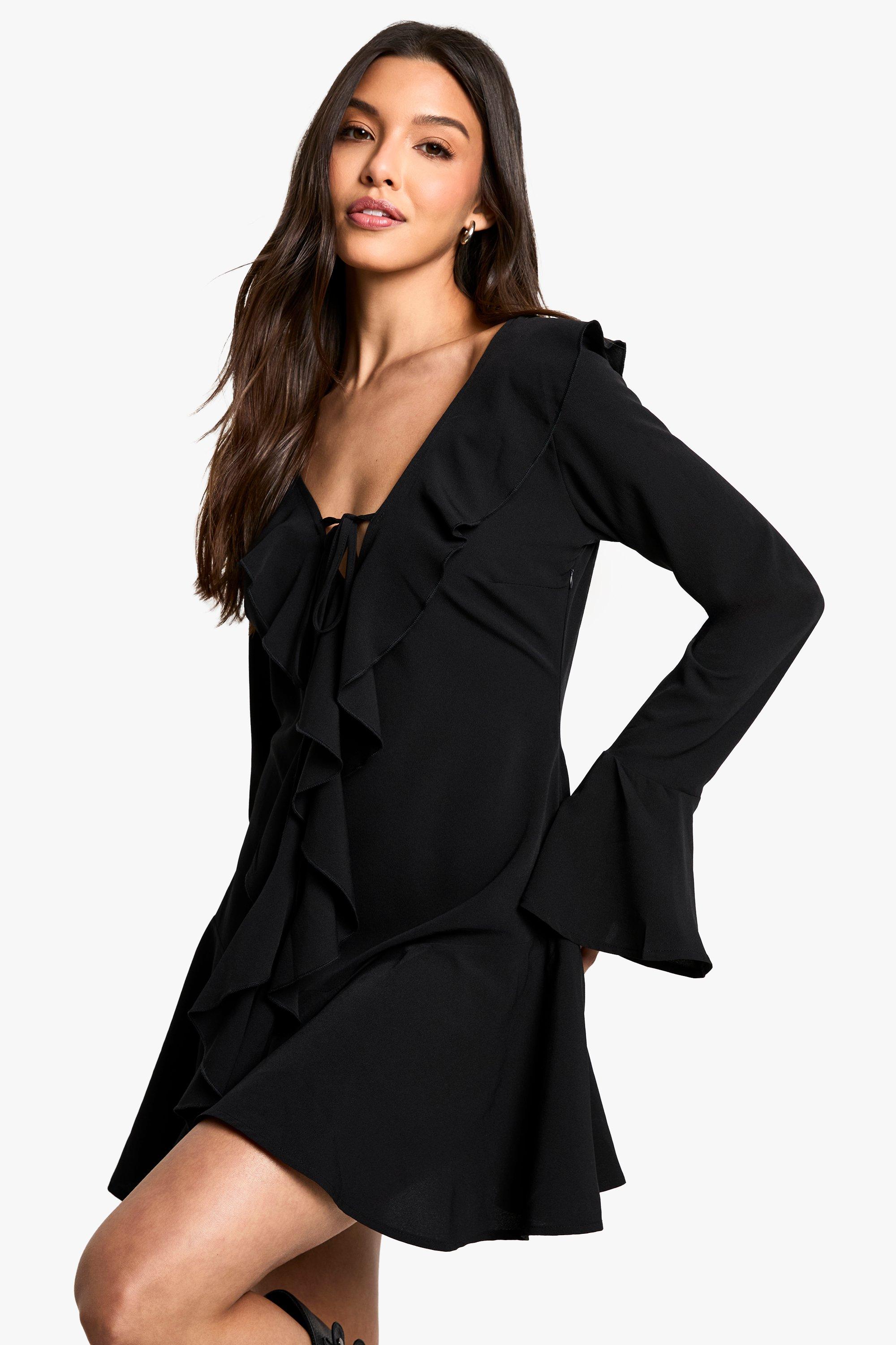 Boohoo Mini Jurk Met Textuur, Ruches En Lange Mouwen, Black