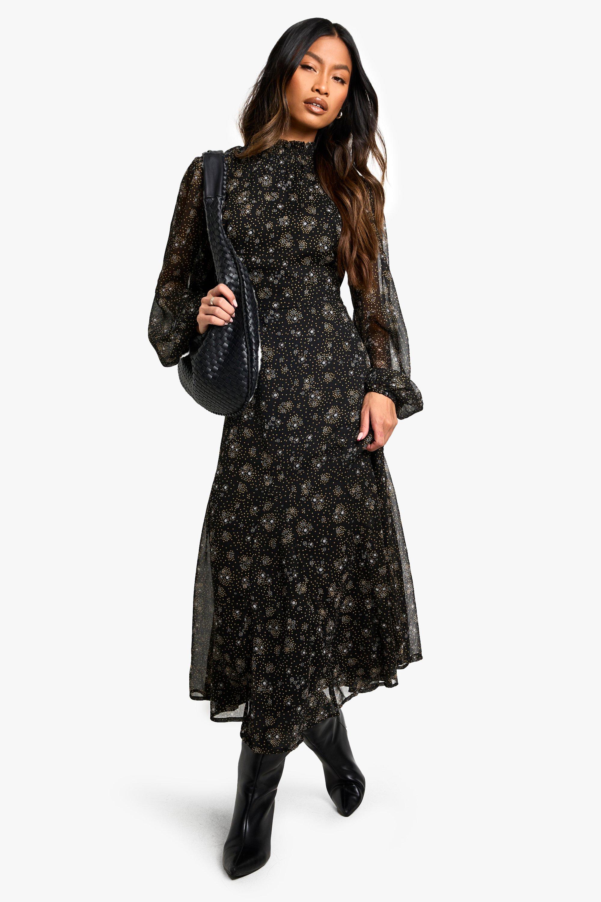 Boohoo Chiffon Bloemen Midaxi Jurk Met Hoge Hals, Black