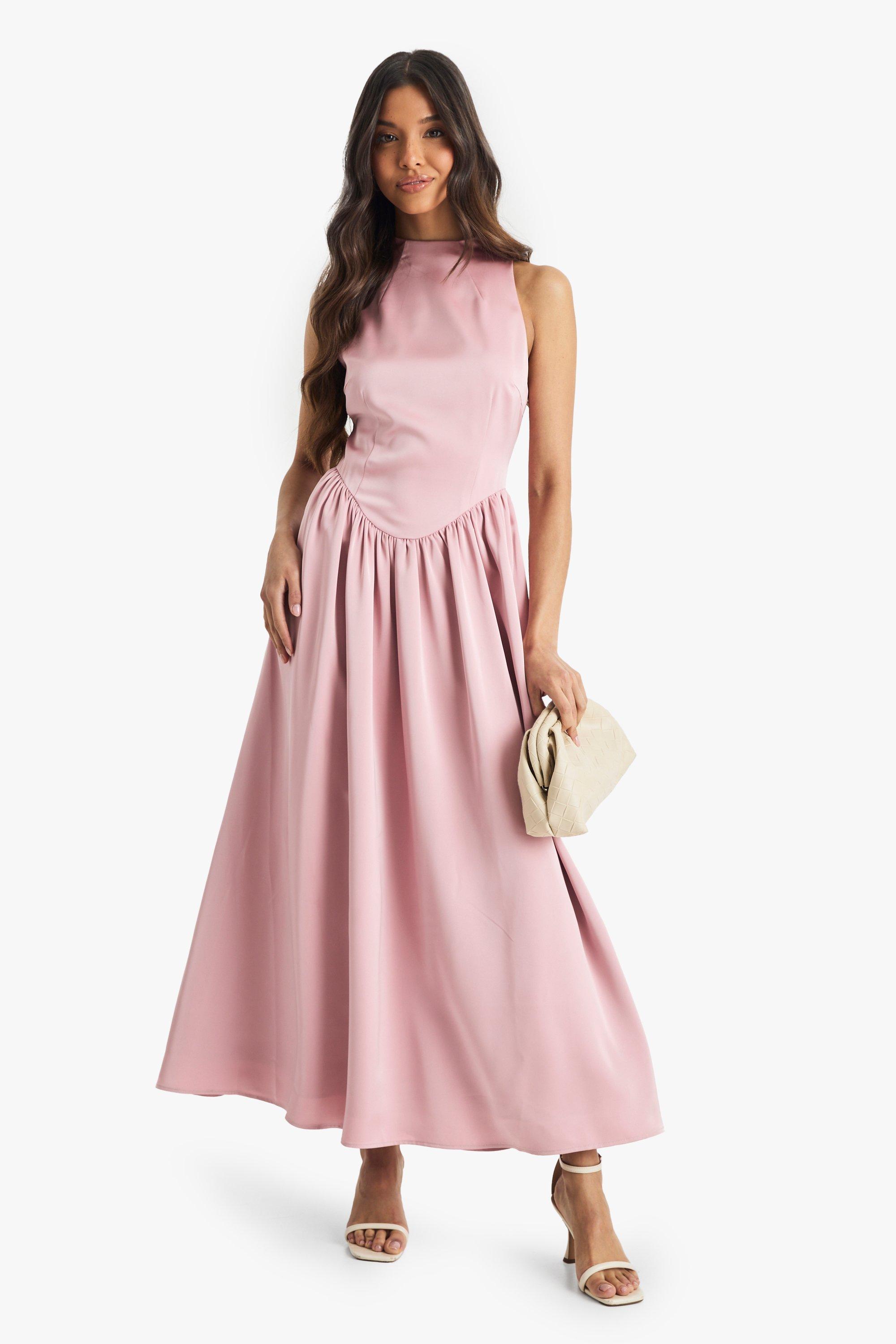 Boohoo Satijnen Premium Midaxi Jurk Met Hoge Hals, Soft Pink