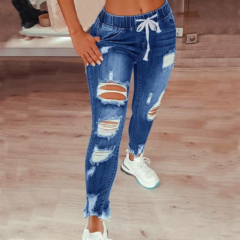 Wang jun Dames jeans in grote maten Elastische tailleband Vetersluiting Ripped Dames jeans 4XL zwart
