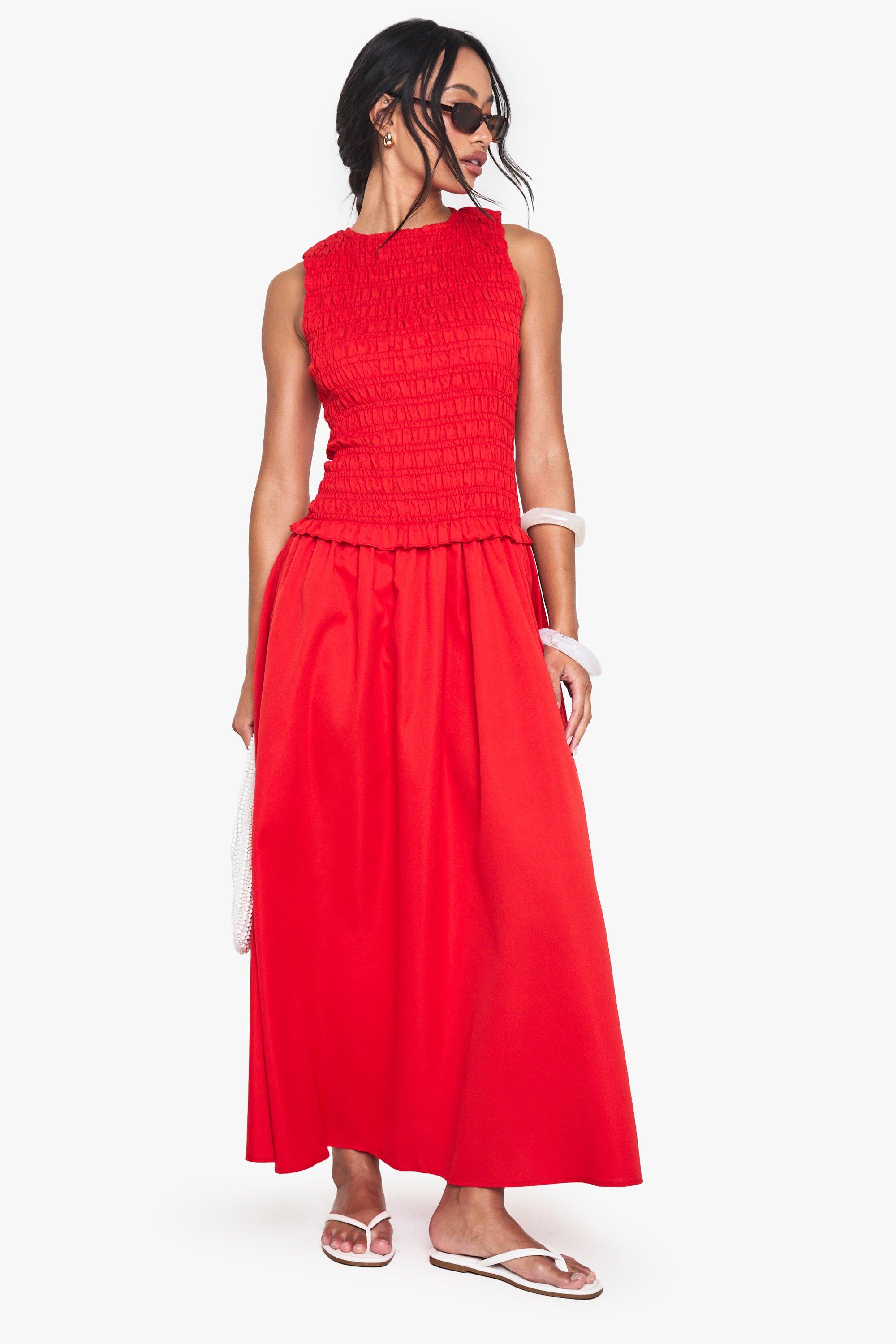 Boohoo Geplooide Midaxi Jurk Met Racer Hals En Lage Taille, Red