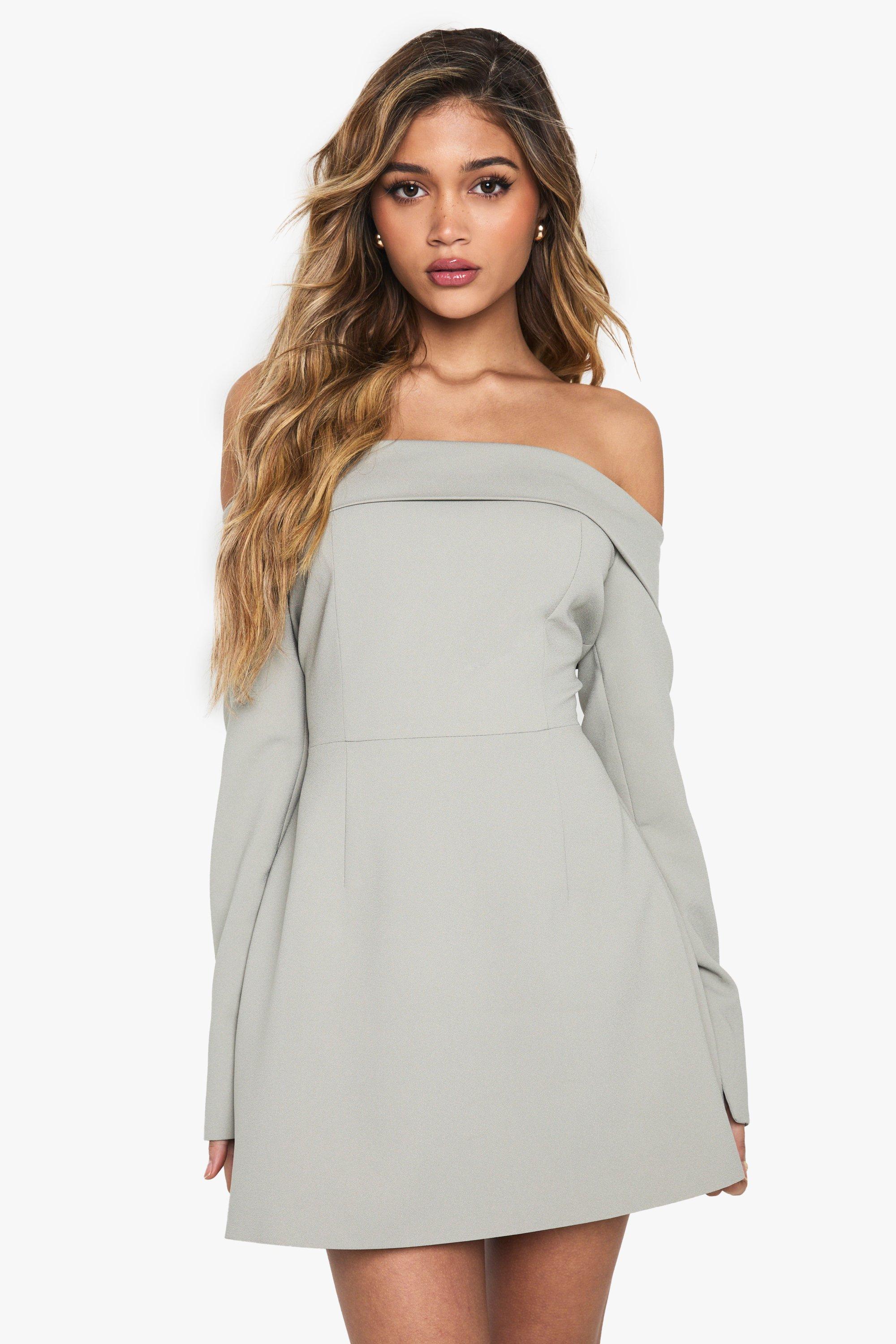 Boohoo Getailleerde Off Shoulder Mini Skater Jurk Met Structuur, Sage