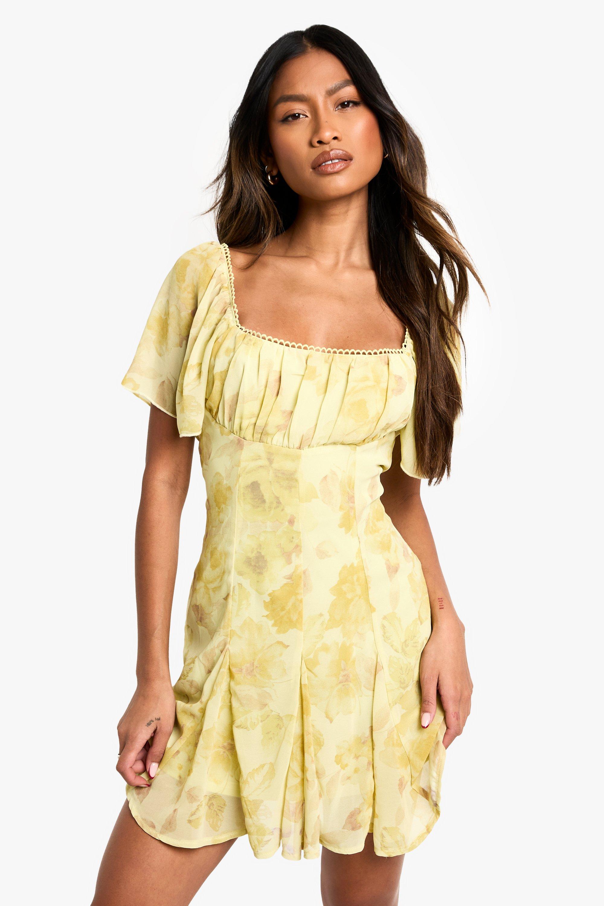 Boohoo Bloemenprint Melkmeisjes Mini Jurk Met Godet Zoom, Lemon