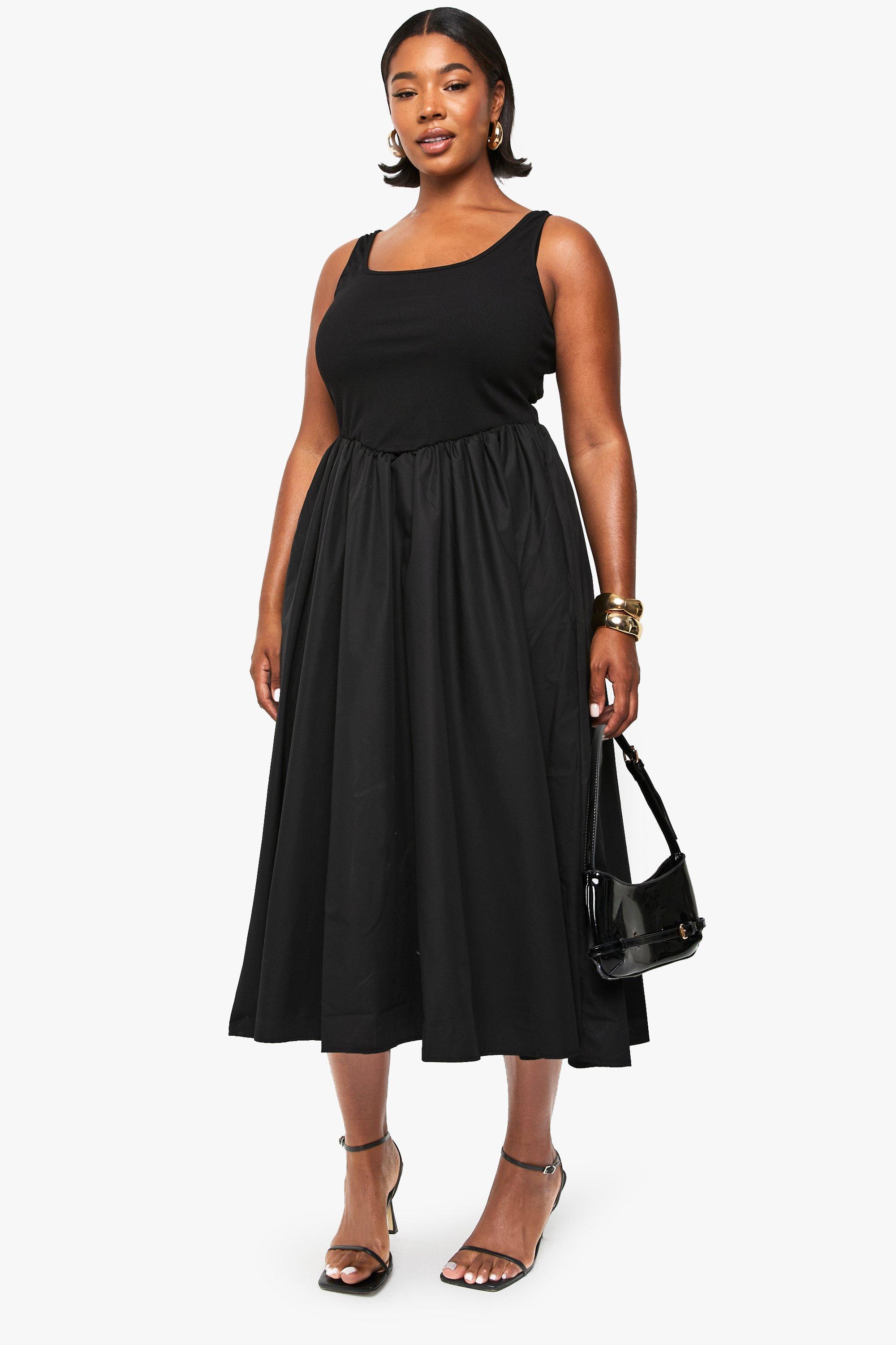 Boohoo Plus Geribbelde Midaxi Jurk Met Lage Ronde Hals, Black