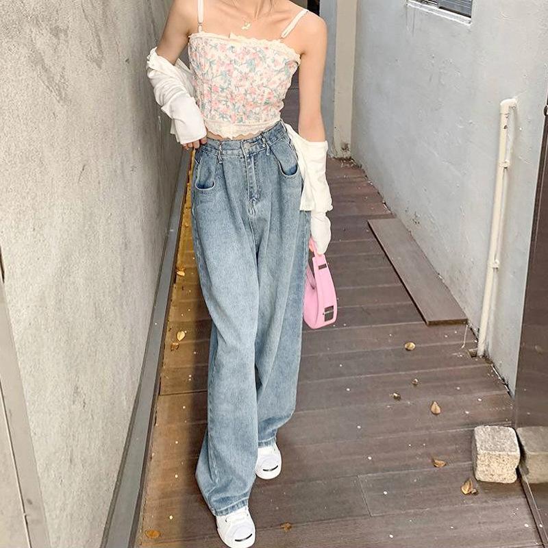 Qiu Yi Vintage hoge taille drag jeans zomer losse dunne grote maat rechte wijde pijpen broek damesjeans S