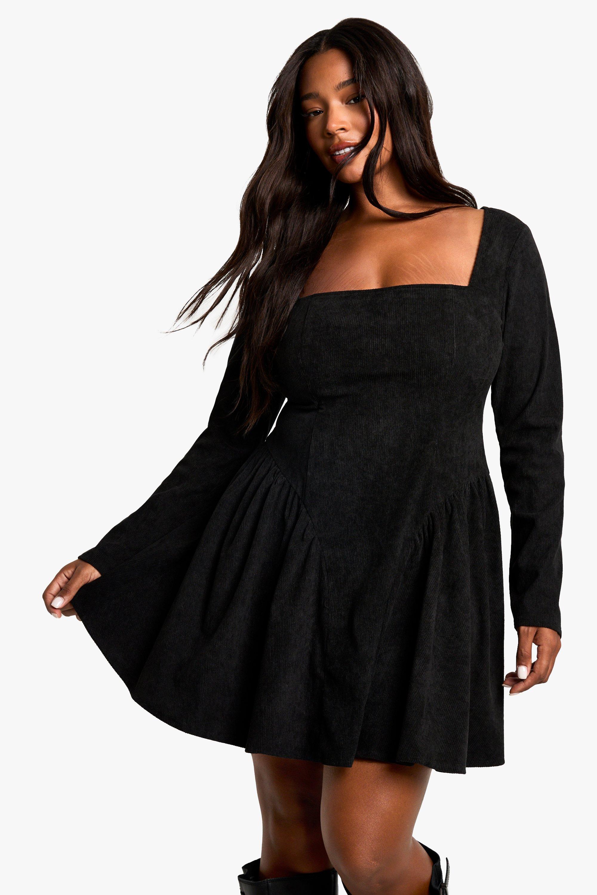 Boohoo Plus Corduroy Melkmeisjes Skater Jurk, Black