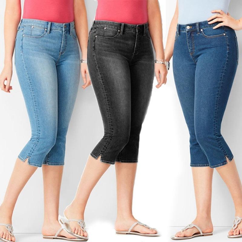 Yoxier Zomer Dames Jeans Bijgesneden Jeans Dames Bijgesneden Broek Magere Knielengte Jeans Vrouwen Elastische Hoge Taille Mom Jeans Oversize S zwart
