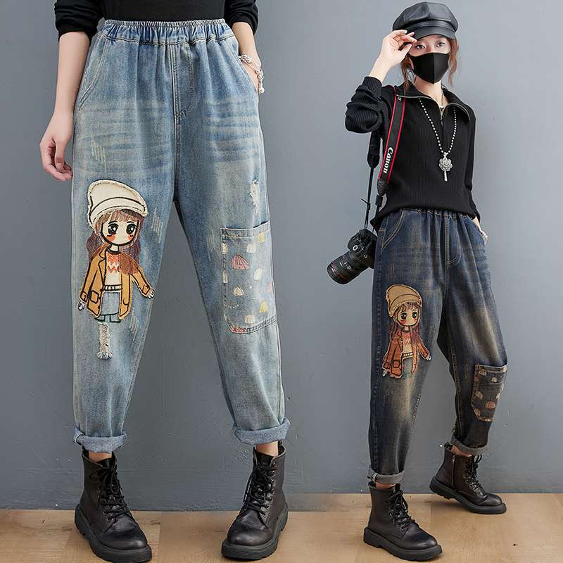 Five Fine Cartoon Litter Girl Borduurwerk Denim Broek Voor Vrouwen Trendy Gat Casual Hoge Taille Broek Zakken Mom Harem Blauwe Jeans XXL lichtblauwe kleur