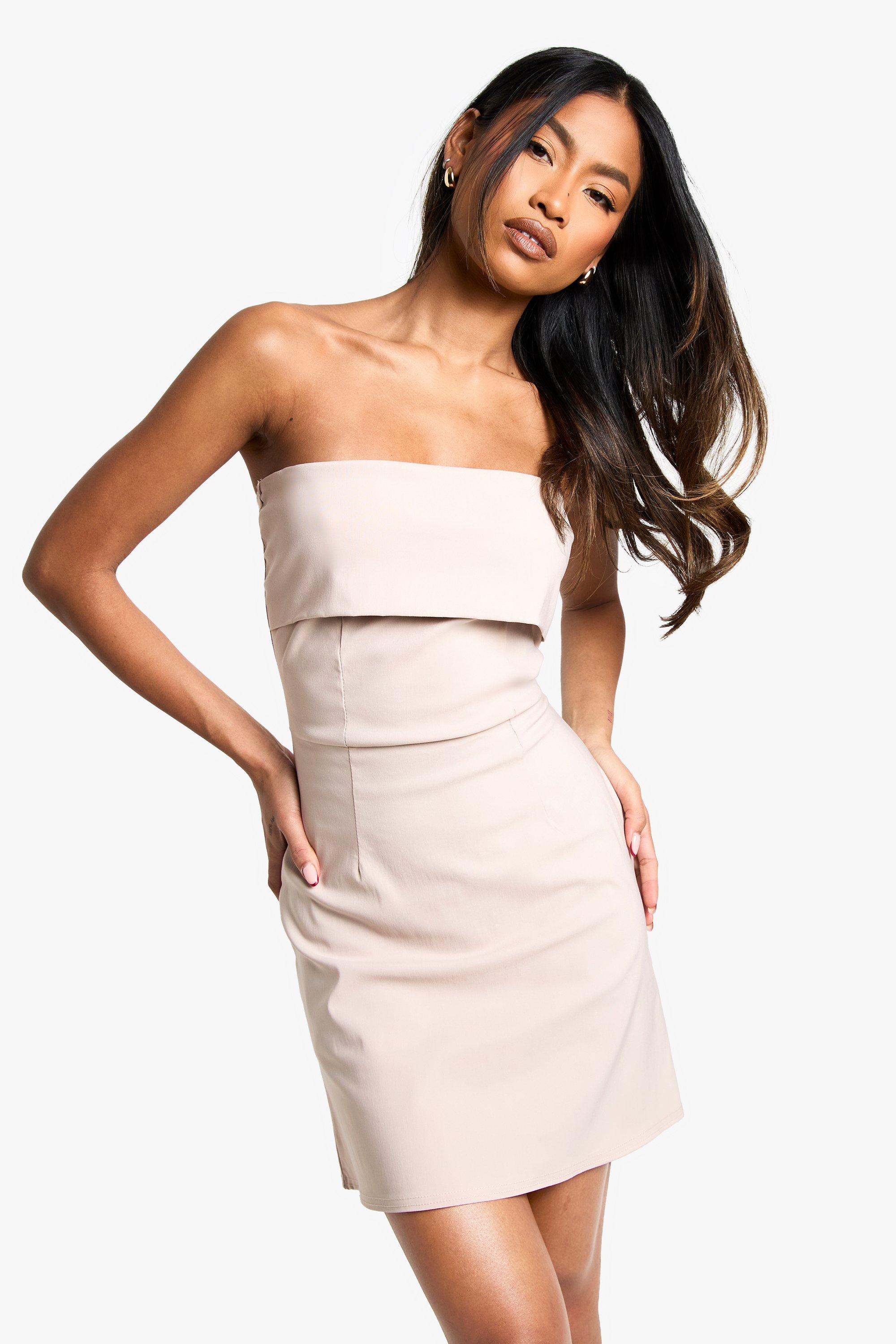 Boohoo Getailleerde Bandeau Bengaline Mini Jurk Met Vouw, Stone