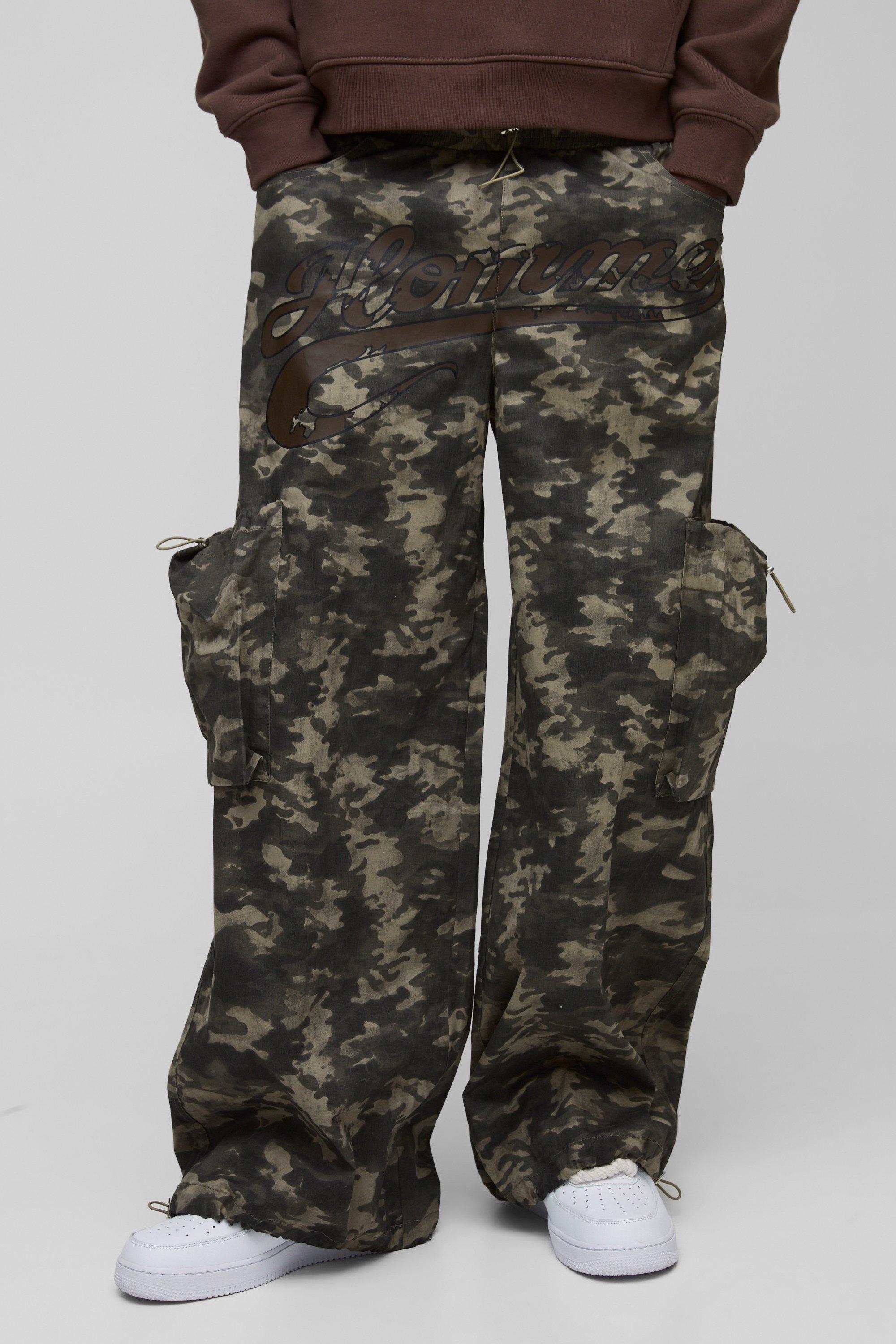 Boohoo Extreem Baggy Keperstof Camo Cargo Broek Met Elastische Taille, Khaki