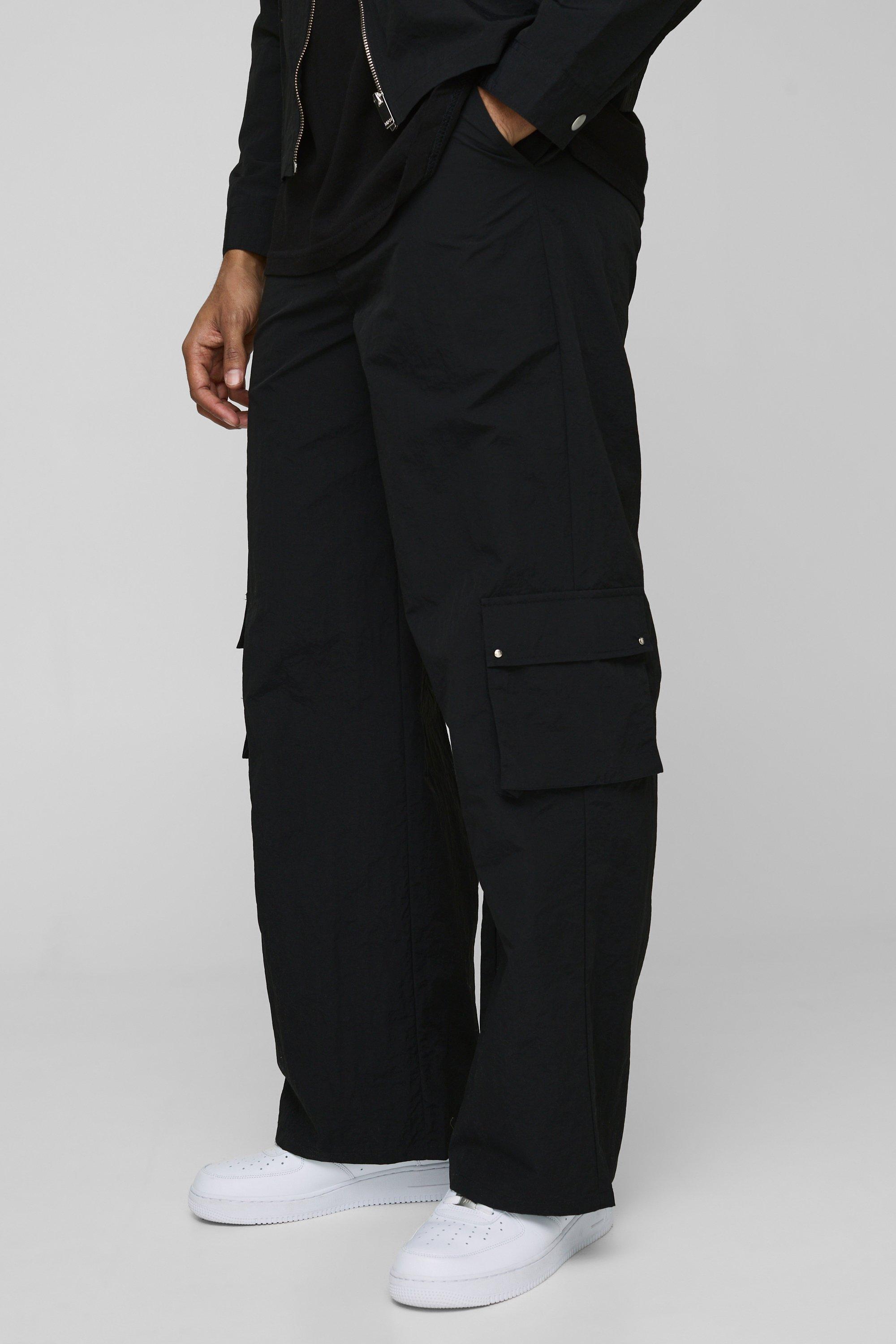 Boohoo Gekreukelde Wide Leg Nylon Cargo Broek Met Tailleband, Black