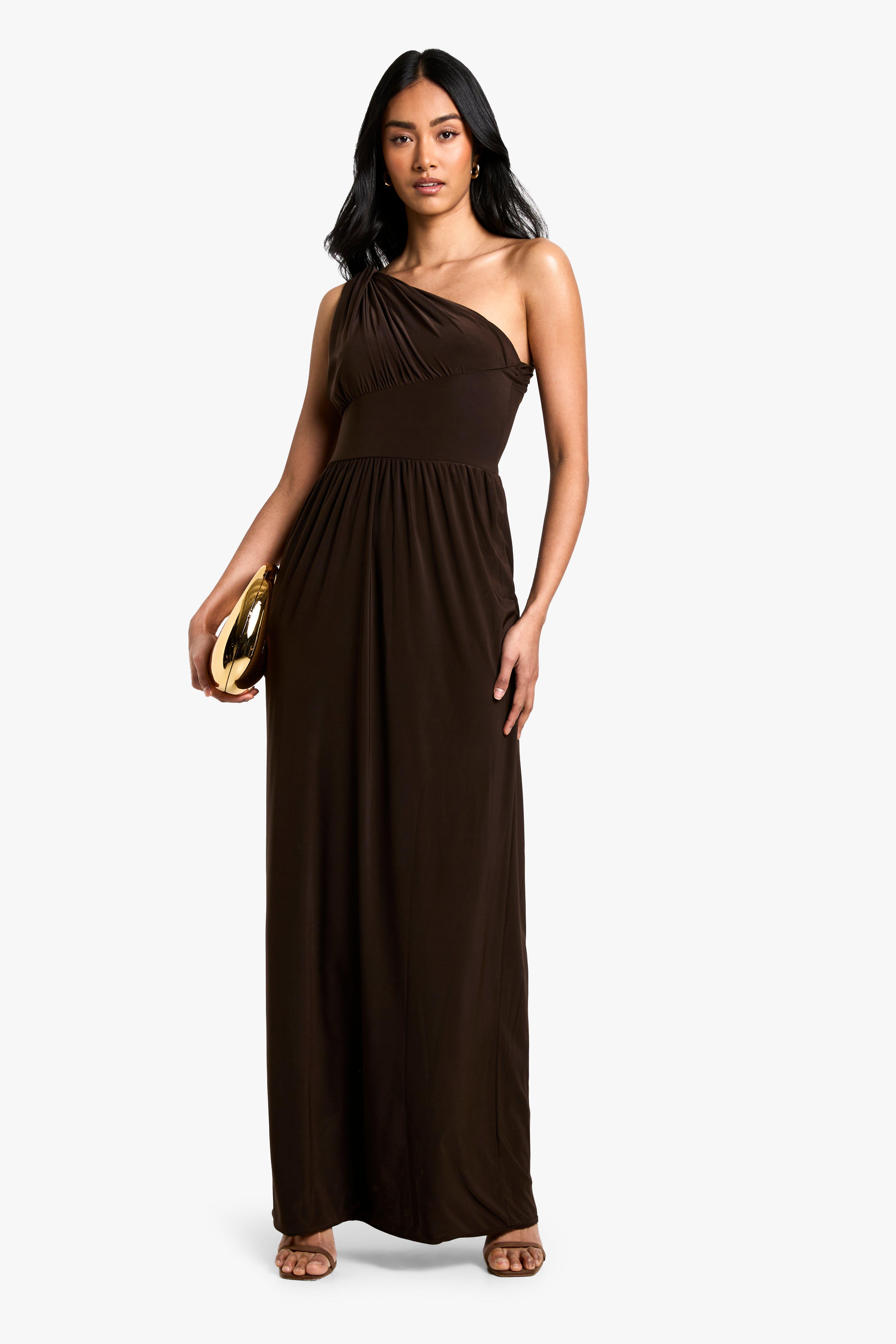 Boohoo Strakke Asymmetrische Maxi Jurk, Chocolate