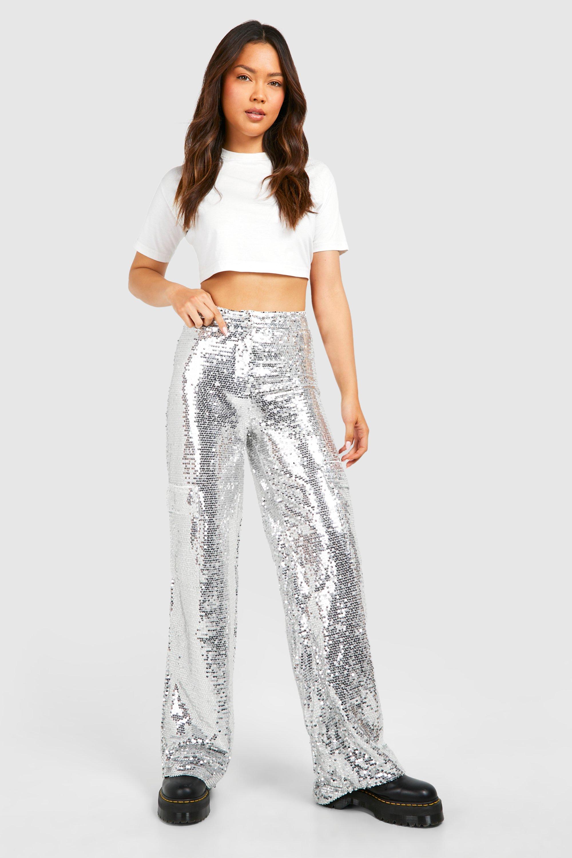 Boohoo Matte Glitter Cargo Broek Met Pailletten, Silver