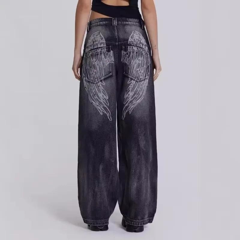 Transmission Gate Y2k Vintage Dames Jeans Back Wing Gedrukt Rivet Gewassen Wijde Pijpen Denim Broek Baggy Versleten Casual Broek Streetwear S zwart