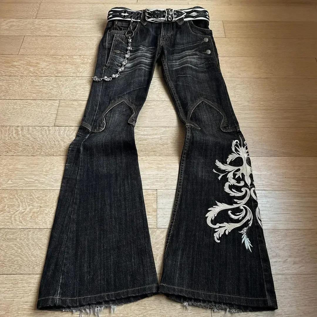PlusGlamour Y2K Street Retro Harajuku Geborduurde Jeans Dames Stretch Micro Flared Broek Hot Girl Slim Straight Broek Gothic Hip Hop Broek S