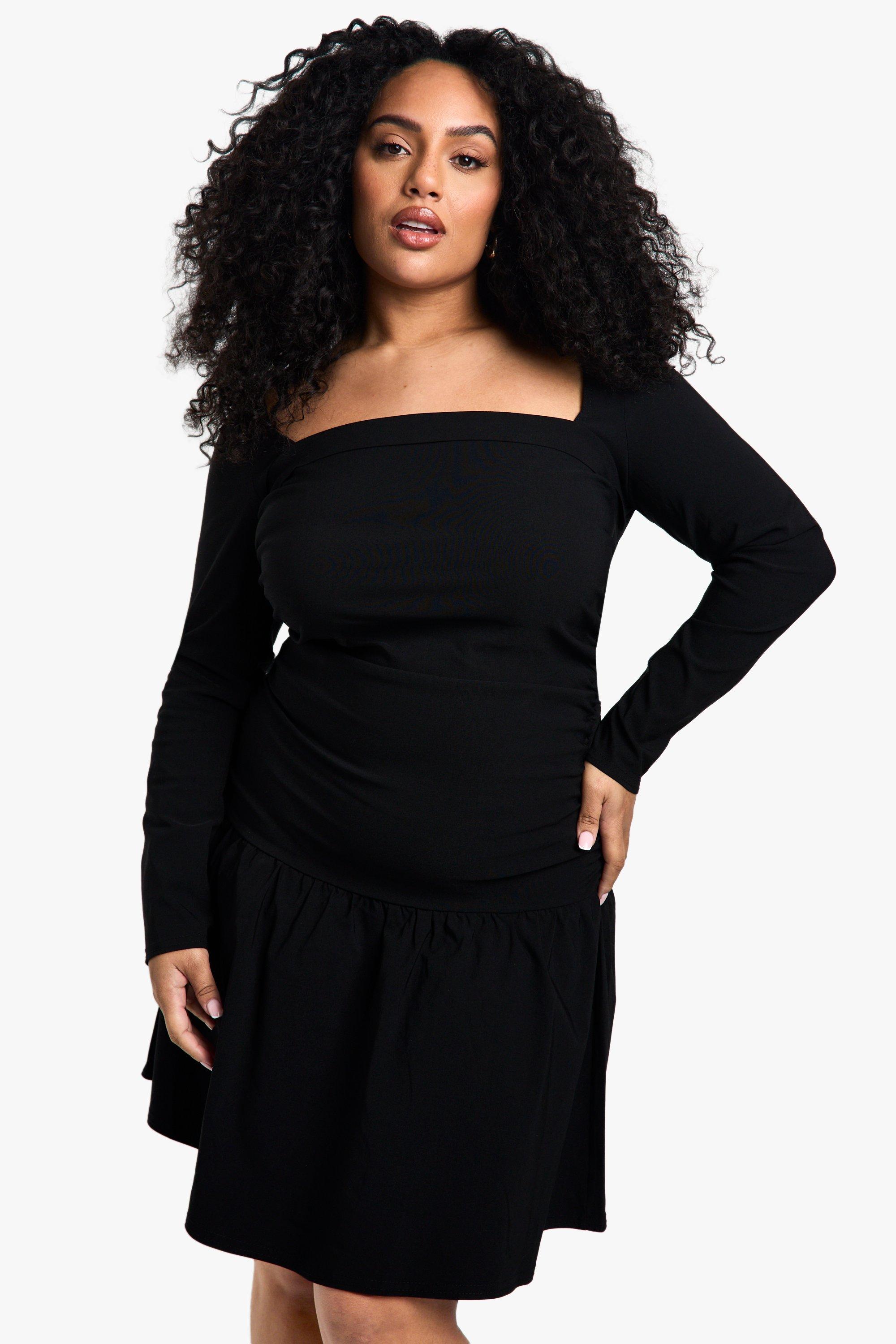Boohoo Plus Bengaline Skater Jurk Met Vierkante Hals En Ruches, Black