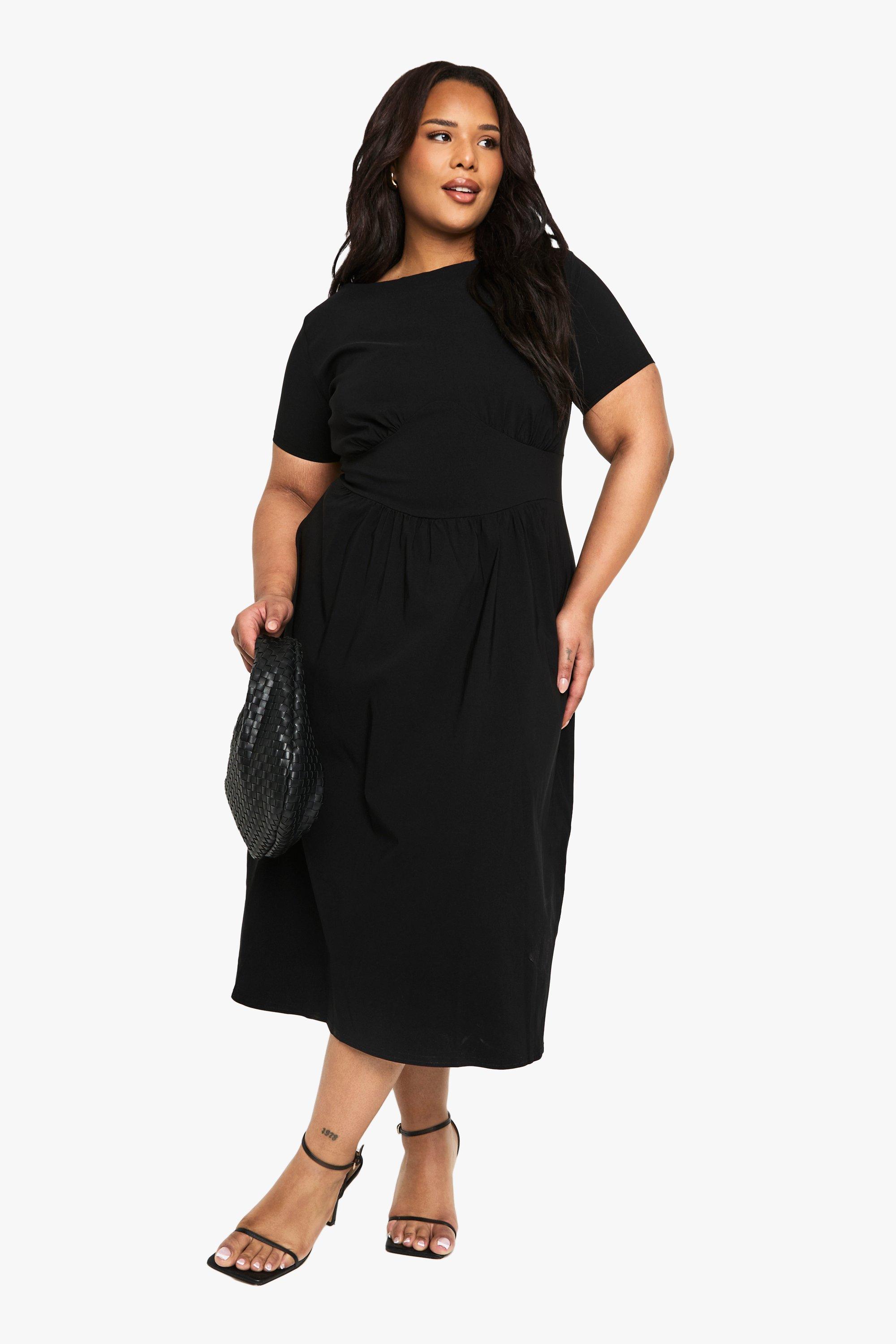Boohoo Plus Geplooide Bengaline Midi Skater Jurk, Black