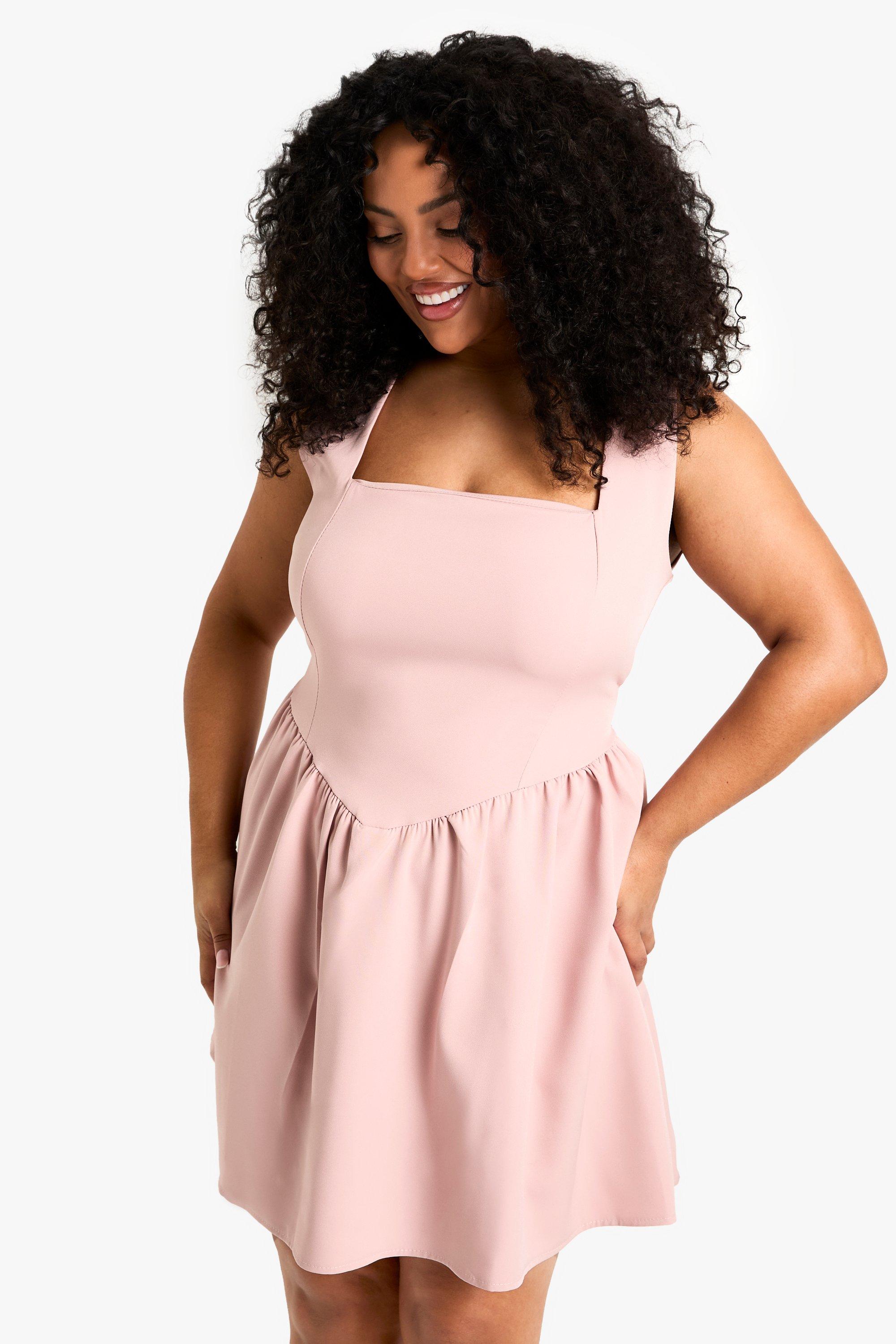Boohoo Plus Mouwloze Mini Skater Jurk Met Vierkante Hals, Blush