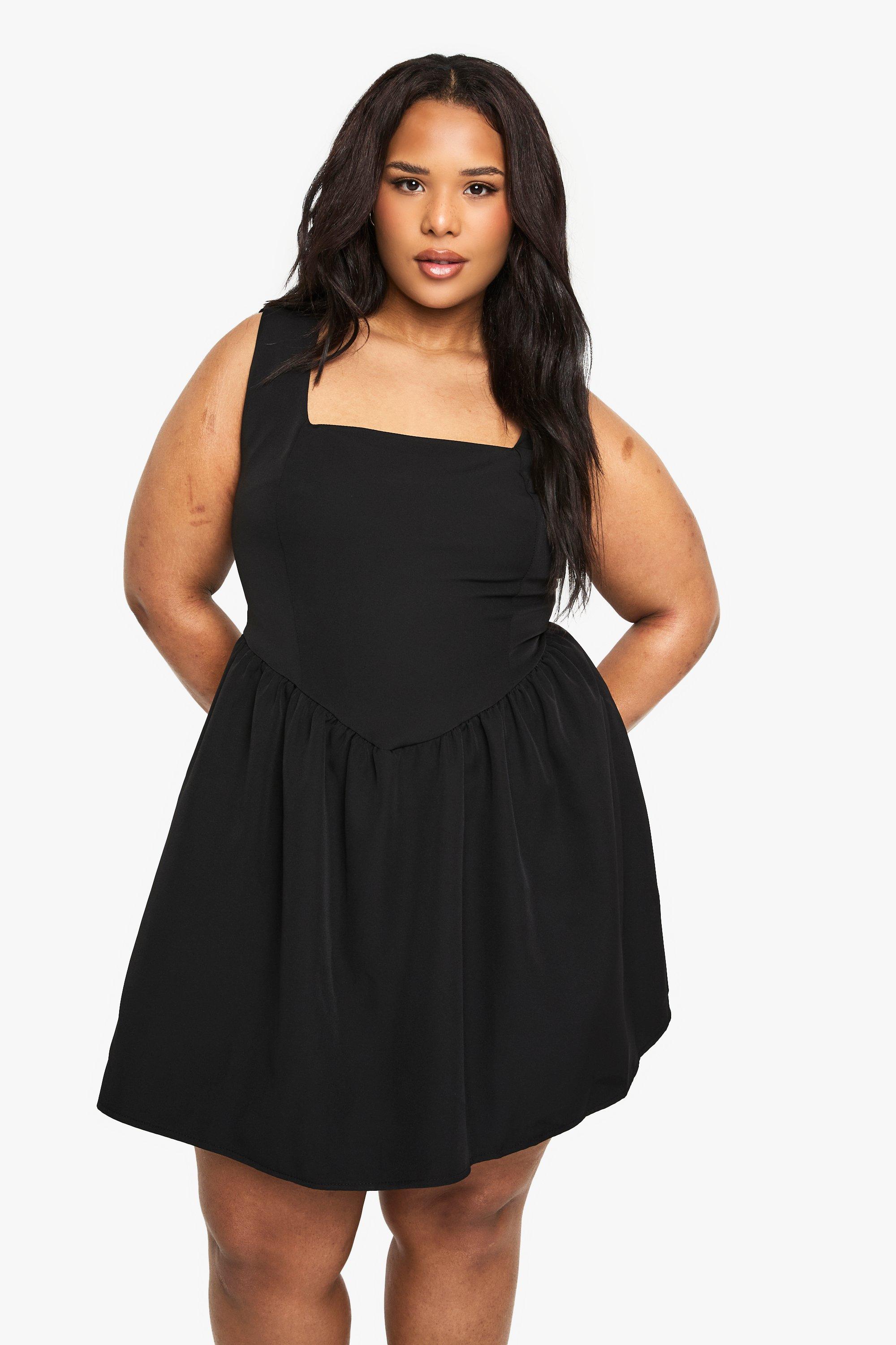 Boohoo Plus Mouwloze Mini Skater Jurk Met Vierkante Hals, Black