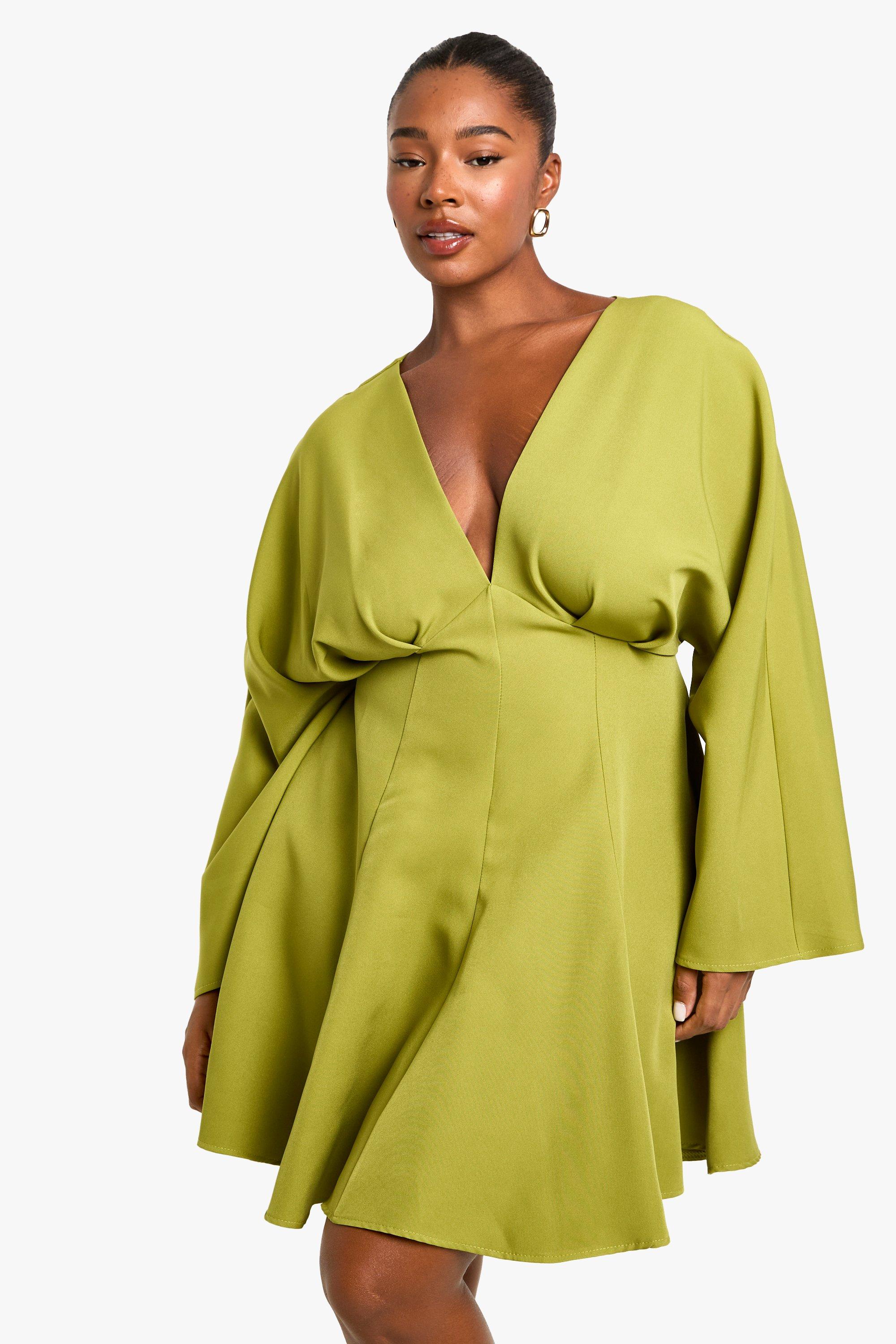 Boohoo Plus Geplooide Skater Jurk Met Lange Mouwen, Olive