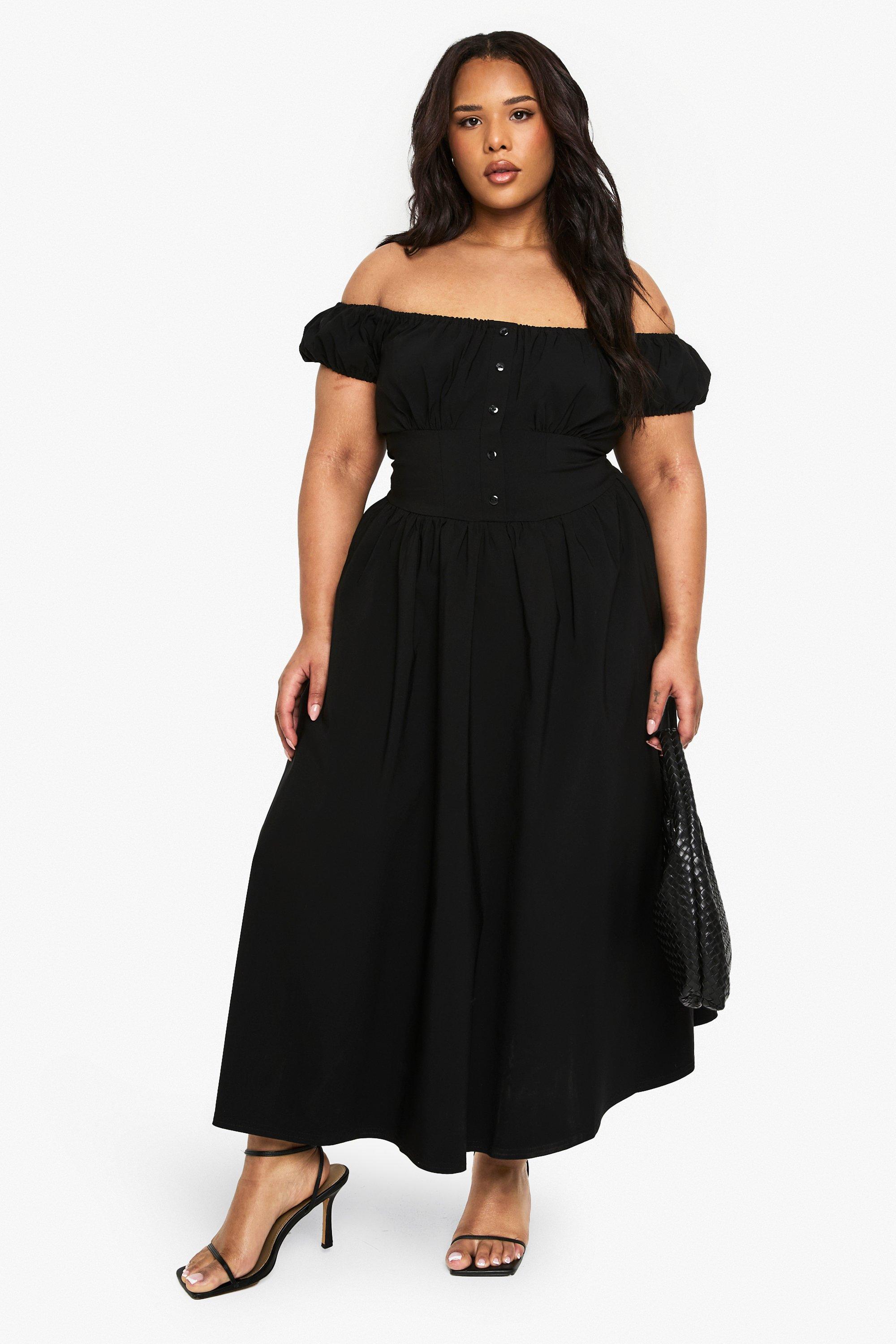 Boohoo Plus Bengaline Milkmaid Midi Jurk, Black